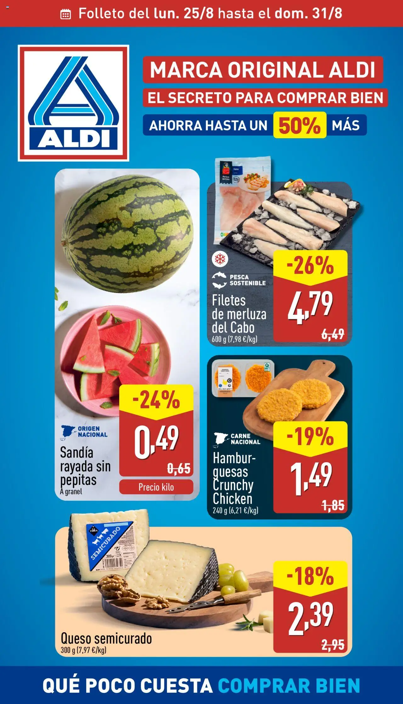 Aldi folleto Baleares │ válido desde el 25.08.2025 | Página: 1 | Productos: Queso, Filetes de merluza, Sandía