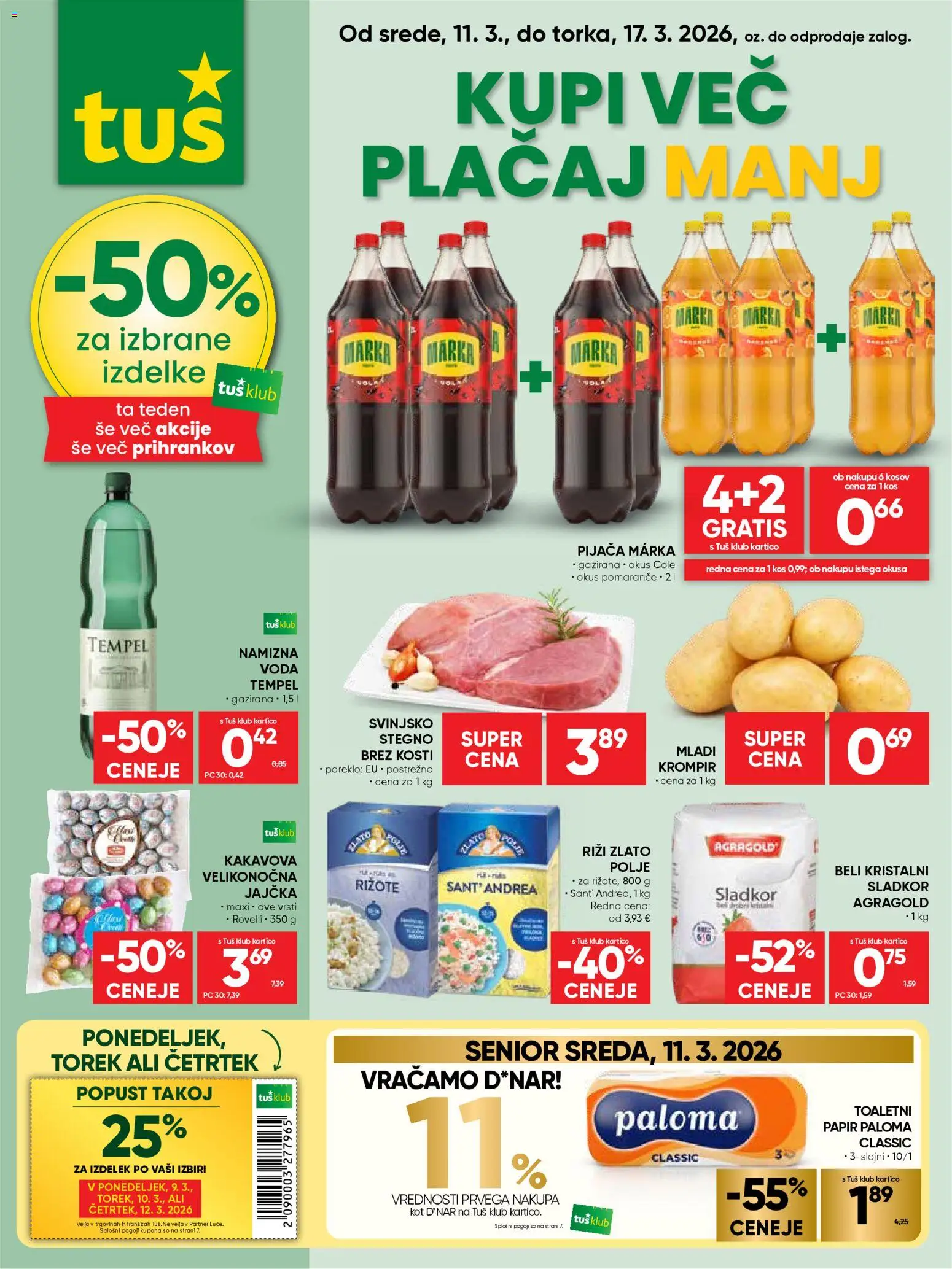 Novi Tuš katalog ponudbe – veljaven od 11.03.2026 | Stran: 1 | Izdelki: Toaletni papir, Pomarance, Krompir, Voda