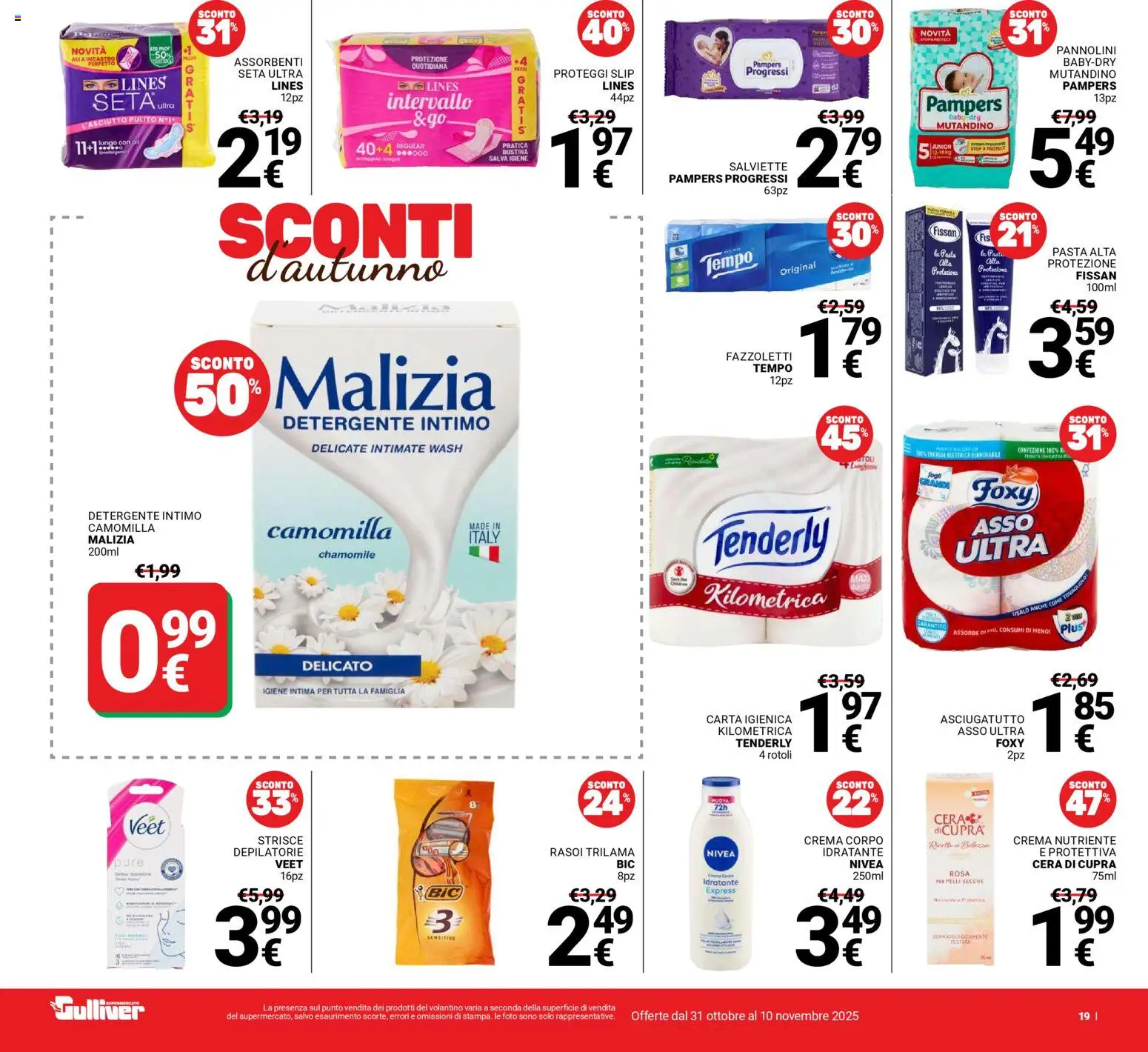 Volantino Gulliver del 31.10.2025 | Pagina: 19 | Prodotti: Crema, Fazzoletti, Pampers, Asciugatutto