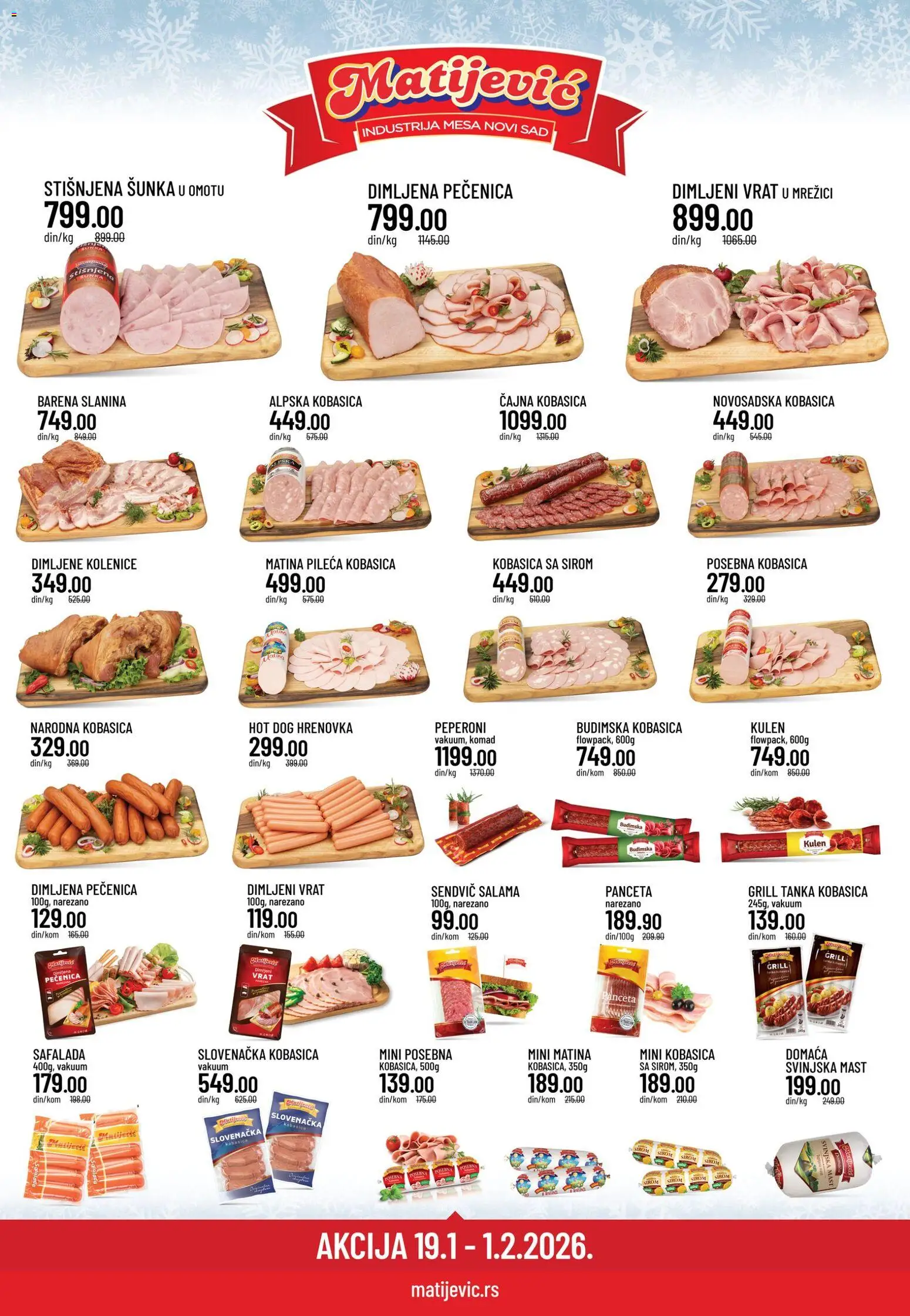 Matijevic katalog - važi od 19.01.2026 | Strana: 1 | Proizvode: Budimska kobasica, Salama, Svinjska mast, Kobasica