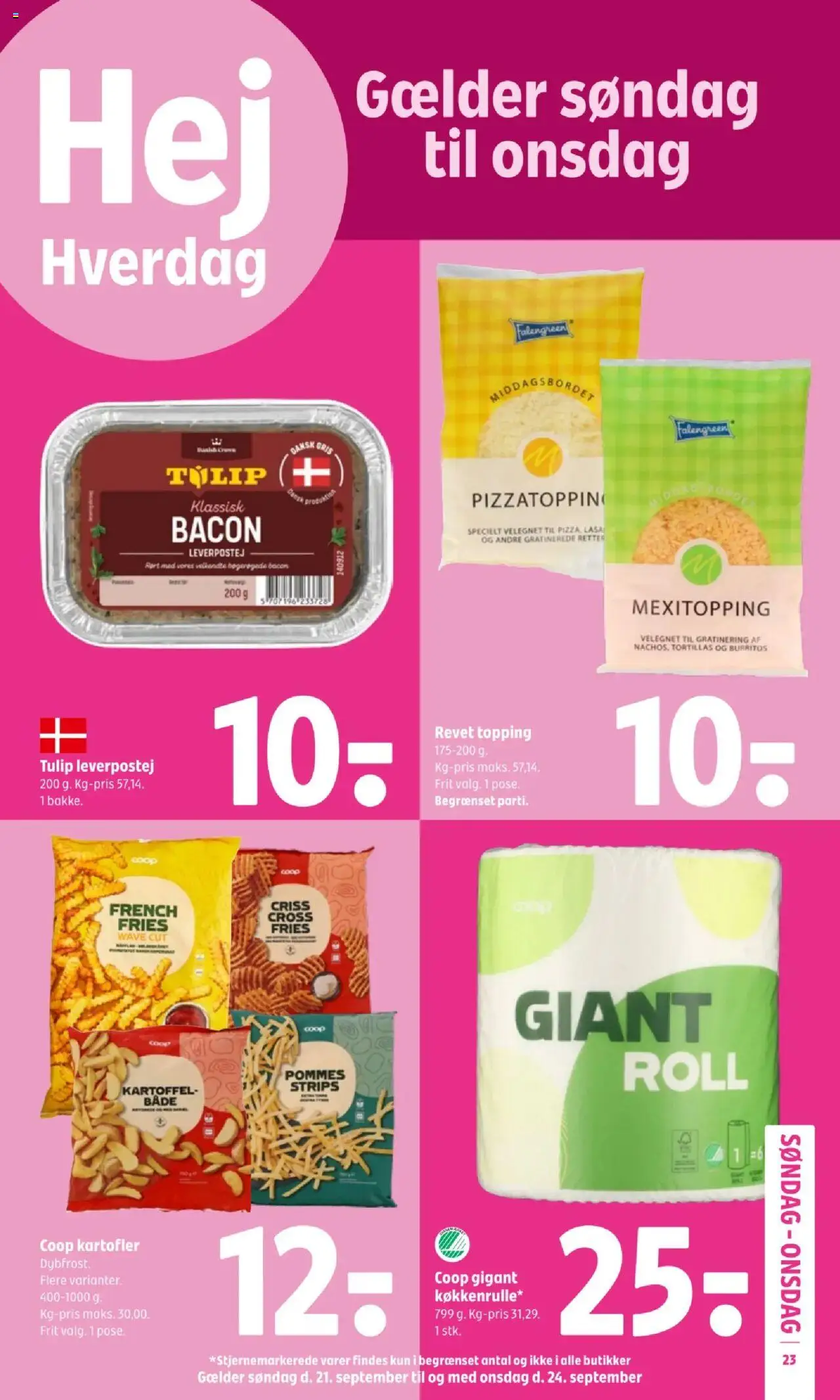 Coop 365 tilbudsavis – gyldig fra 18.09.2025 | Side: 23 | Produkter: Kartofler, Leverpostej, Bacon