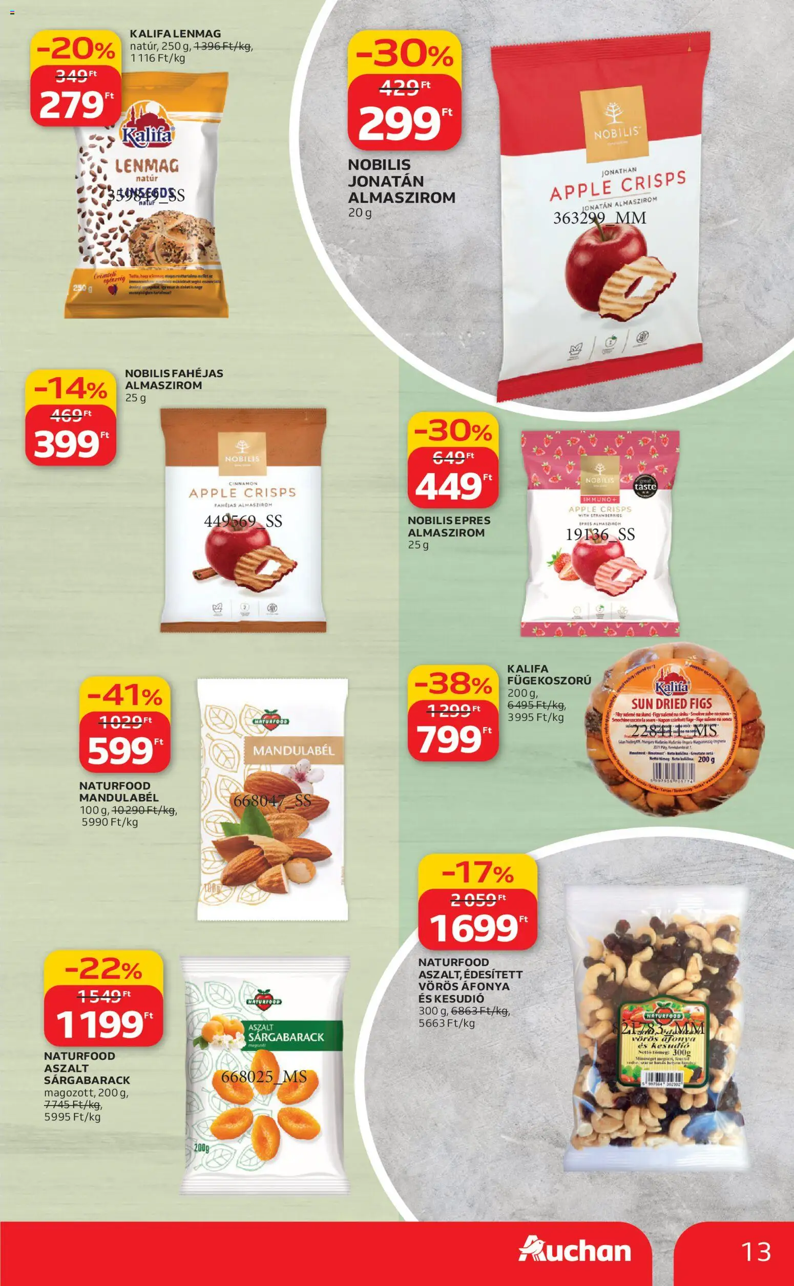 Auchan akciós ujság - amely érvényes a következő dátumtól: 12.03.2026 | Oldal: 13 | Termékek: Áfonya, Kesudió, Sárgabarack, Vörös áfonya