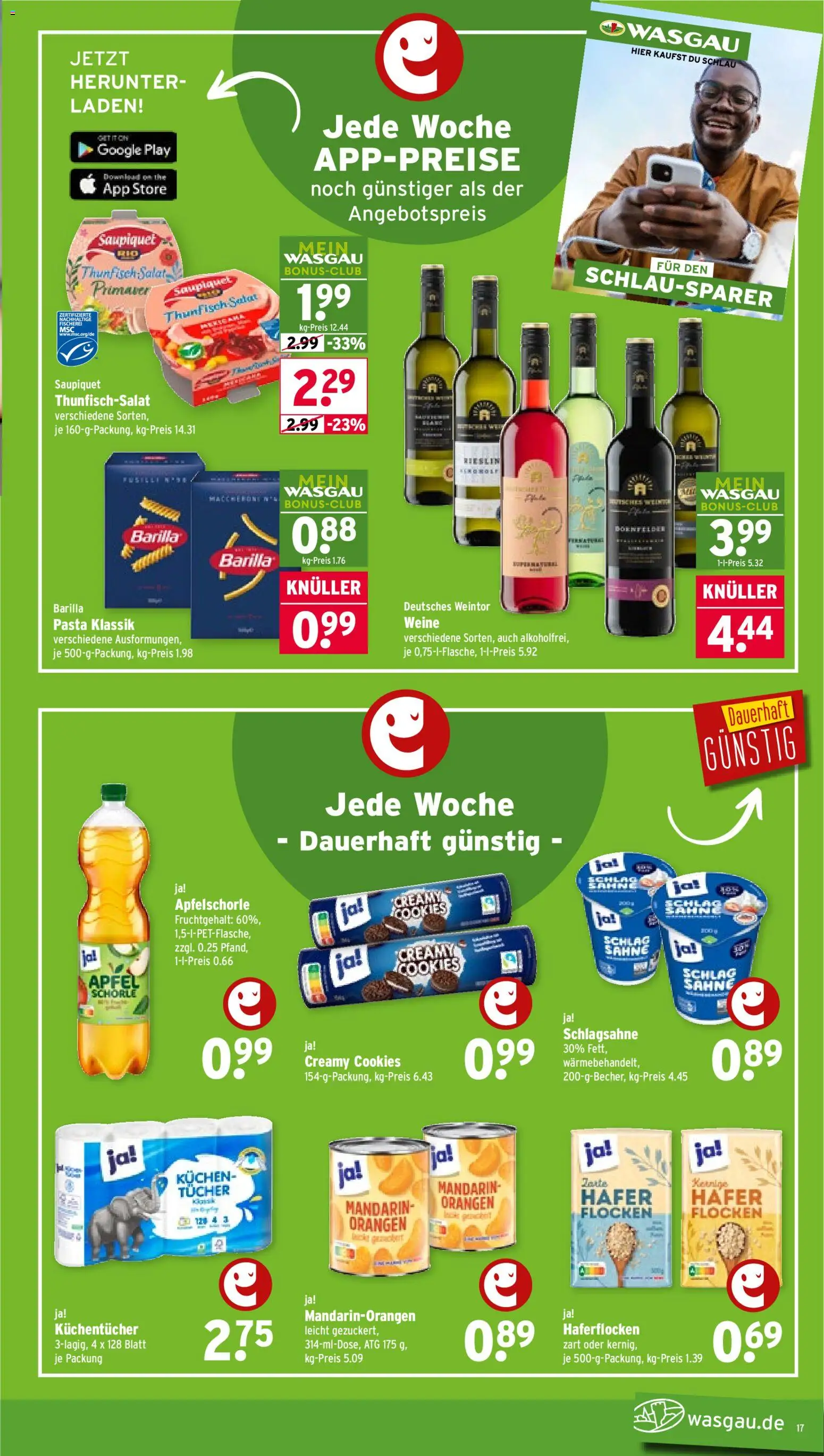 Wasgau Prospekt 	 – gültig ab 16.03.2026 | Seite: 17 | Produkte: Schlagsahne, Thunfisch, Orangen, Pasta