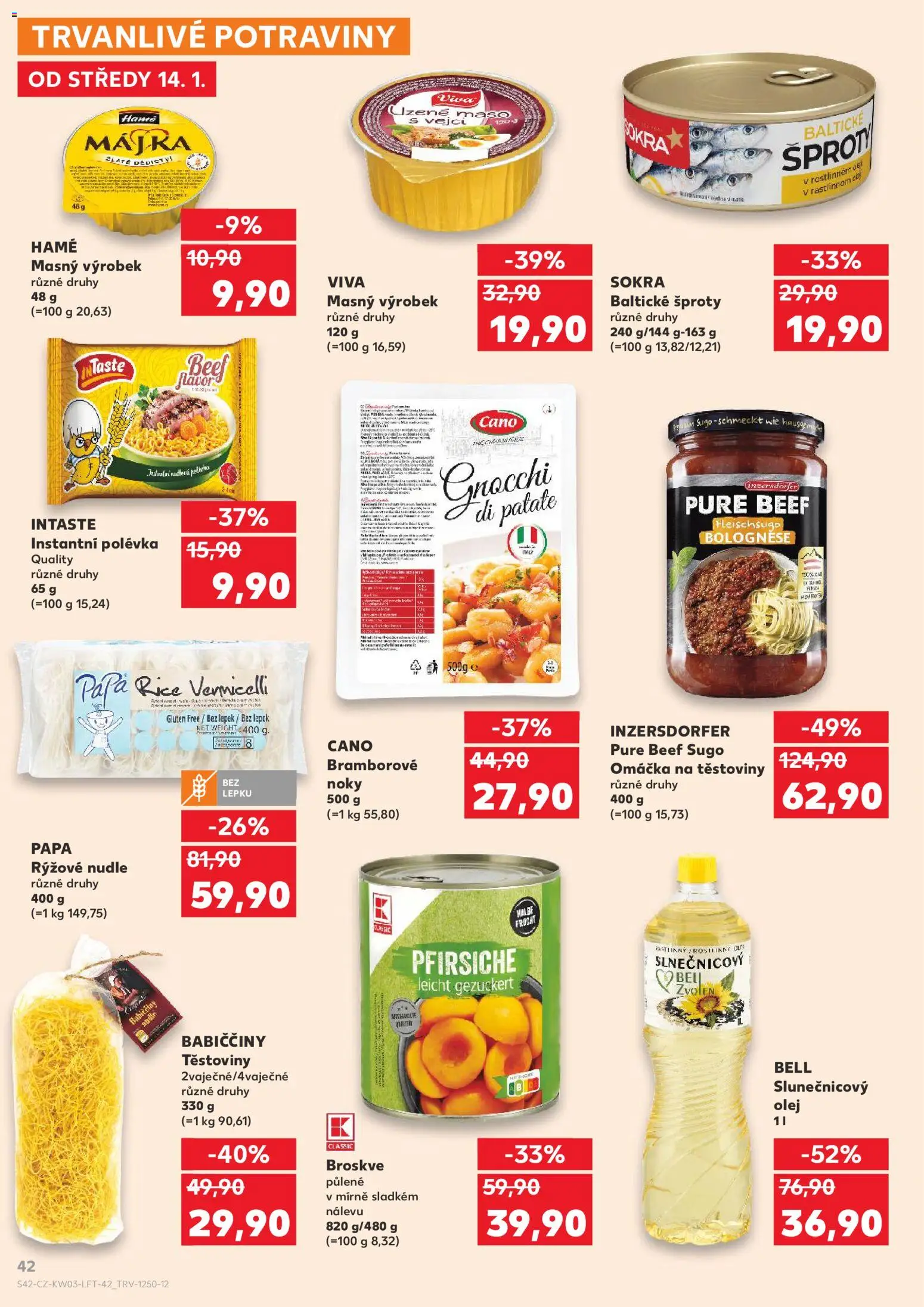 Kaufland leták od 14.01.2026 | Strana: 42 | Produkty: Broskve, Bramborové noky, Nudle, Gnocchi