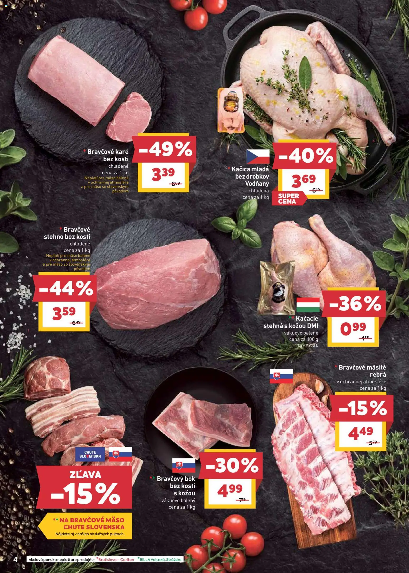 Nové Billa akcie – leták je platný od 15.04.2026 | Strana: 4 | Produkty: Kačacie stehná, Kačica, Bravčové mäso, Bravčové karé