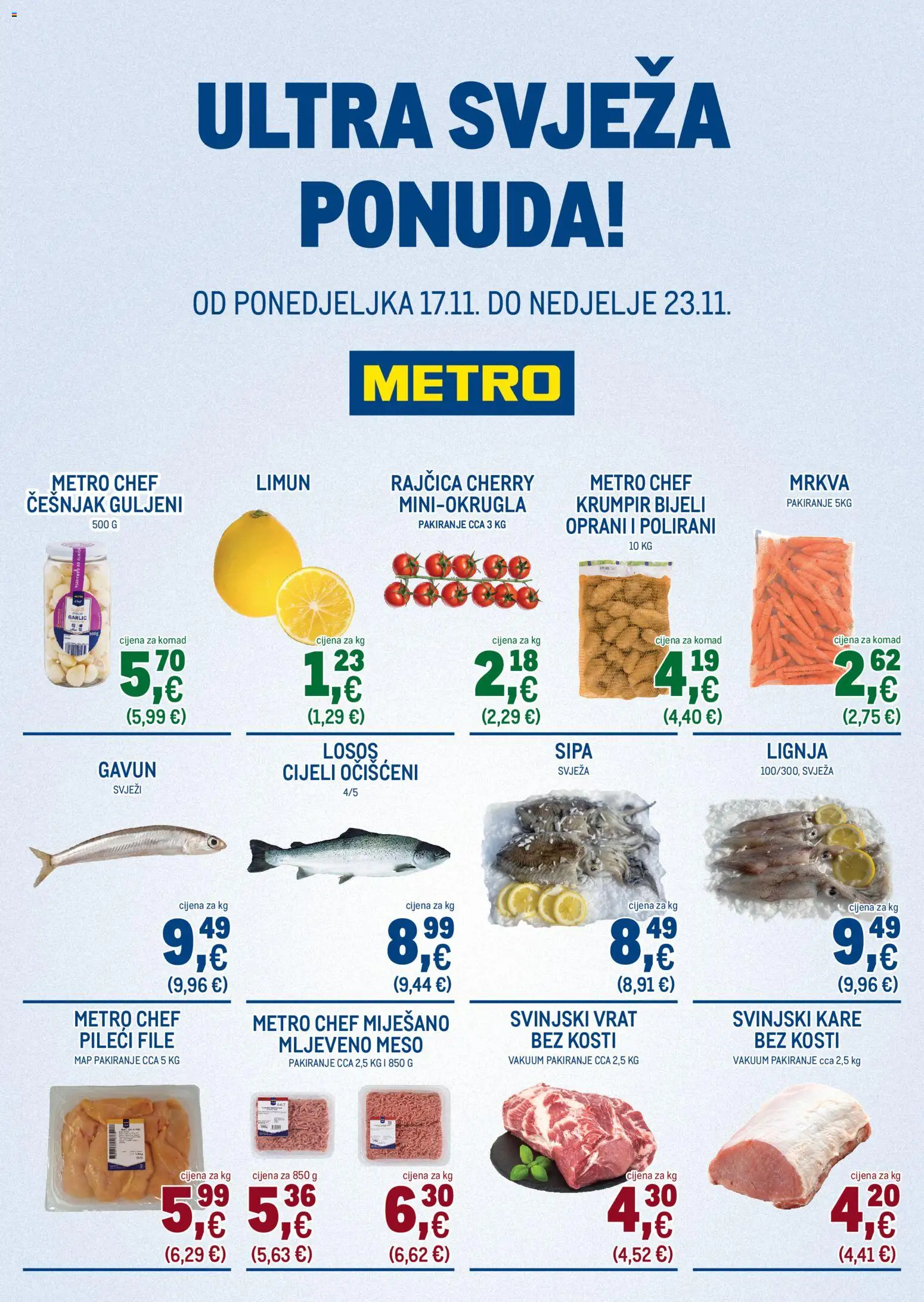 Metro katalog | vrijedi od 17.11.2025 | Stranica: 1 | Proizvodi: Svinjski kare, Pileći file, Limun, Losos