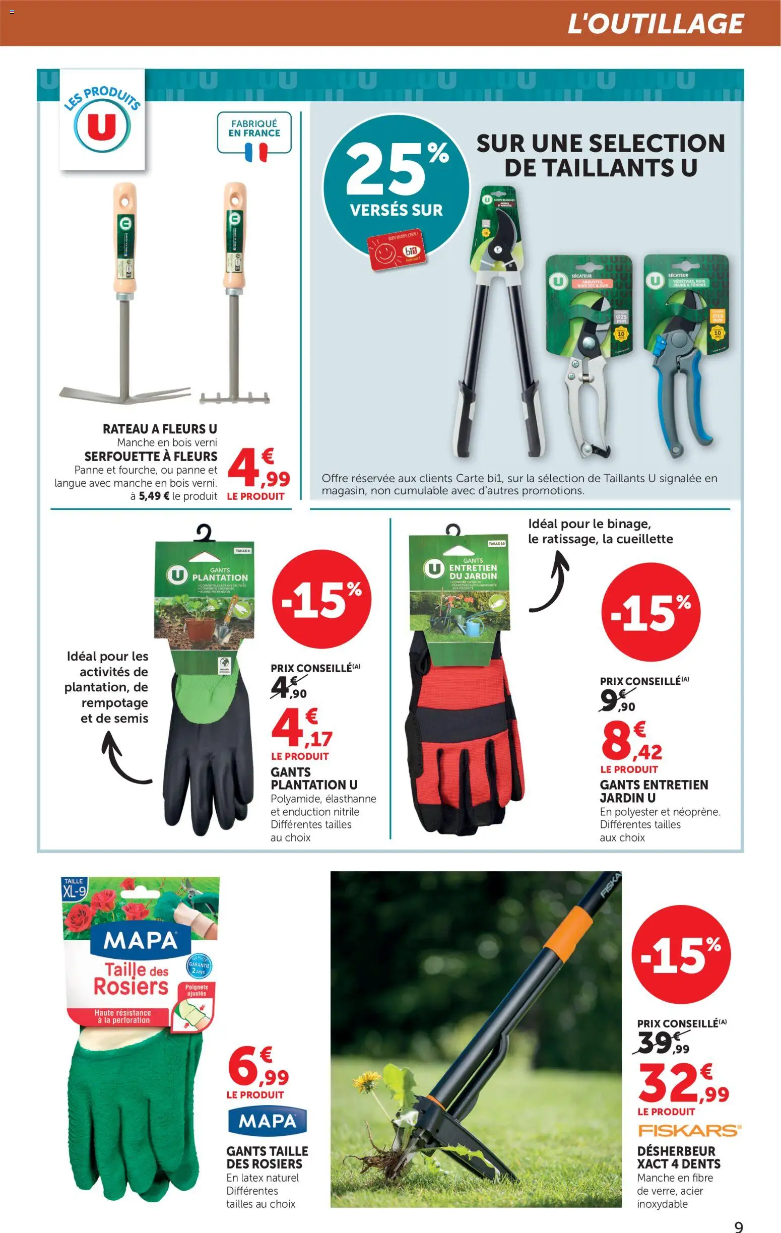 {H1} | Page: 9 | Produits: Rateau, Sécateur, Gants