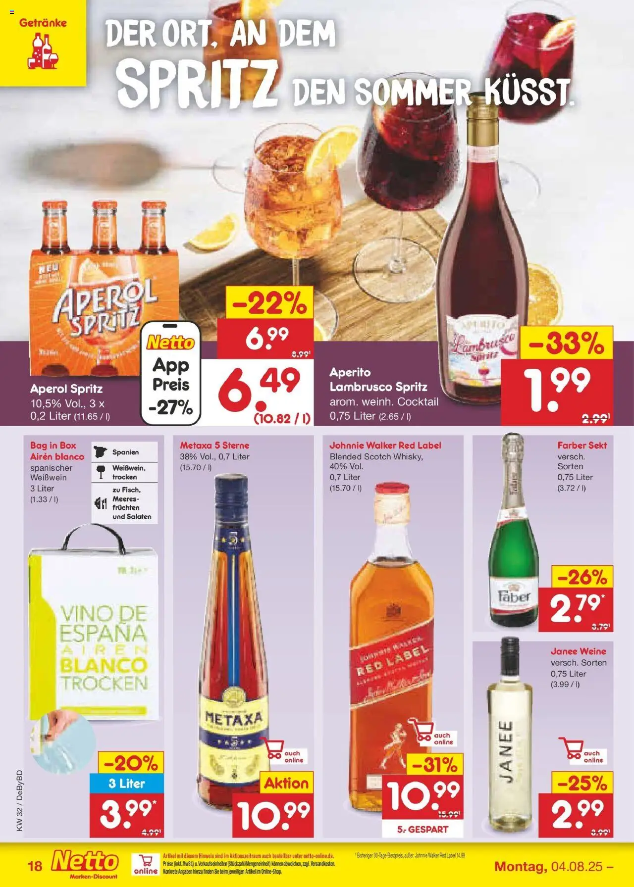 Netto Marken-Discount prospekt Buttenwiesen	 - gültig ab dem 04.08.2025 | Seite: 32 | Produkte: Weißwein, Sekt, Metaxa, Johnnie walker