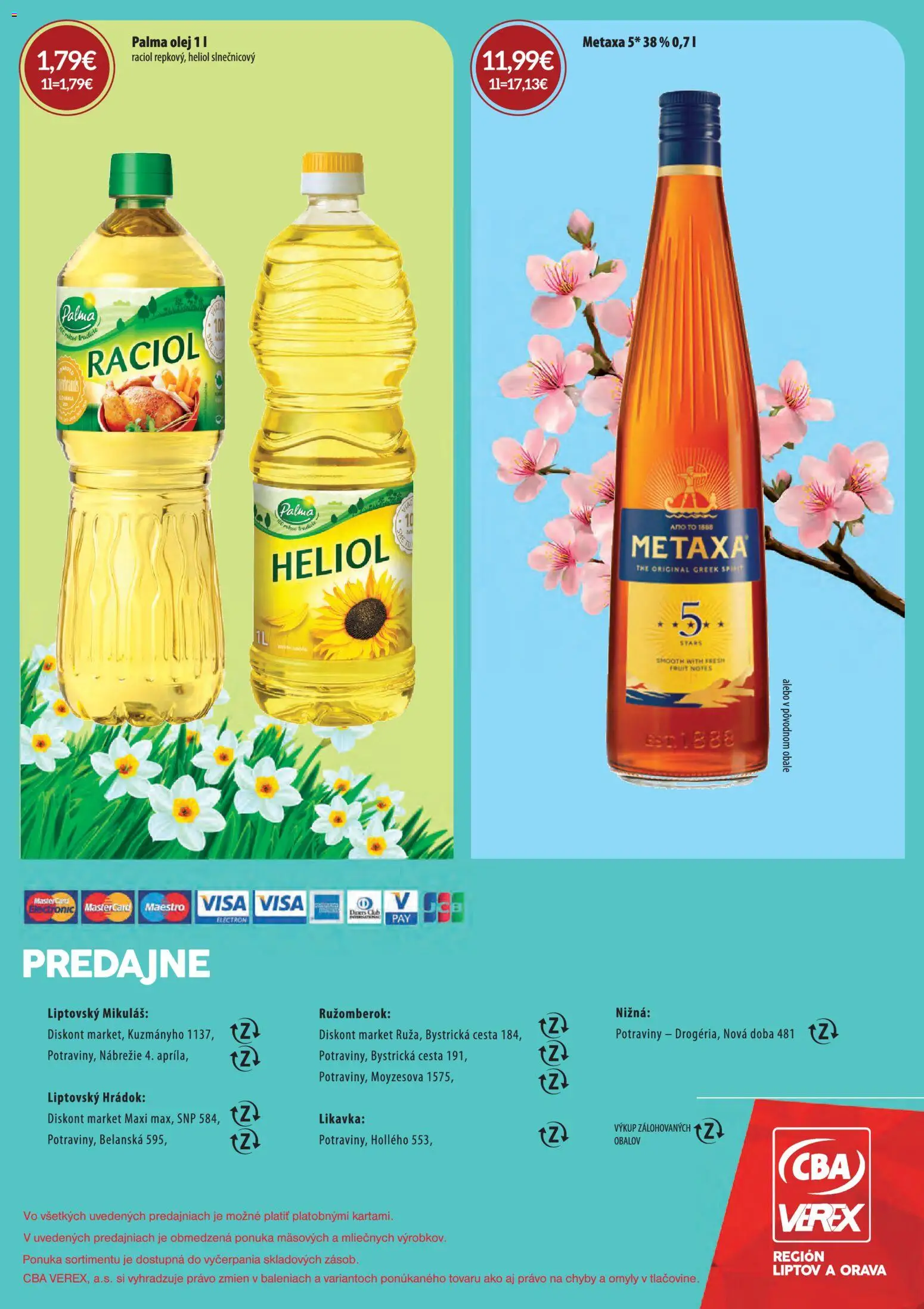 Nové CBA Verex akcie – leták je platný od 01.04.2026 | Strana: 24 | Produkty: Olej, Metaxa