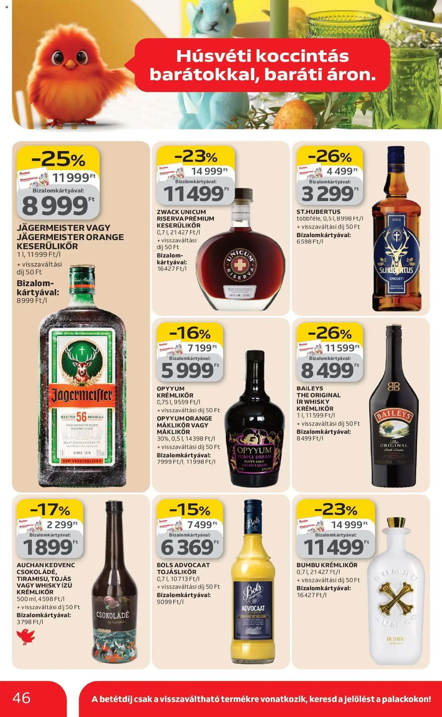 Auchan akciós ujság - amely érvényes a következő dátumtól: 12.03.2026 | Oldal: 46 | Termékek: Jägermeister, Krémlikőr, Tojás, Csokoládé