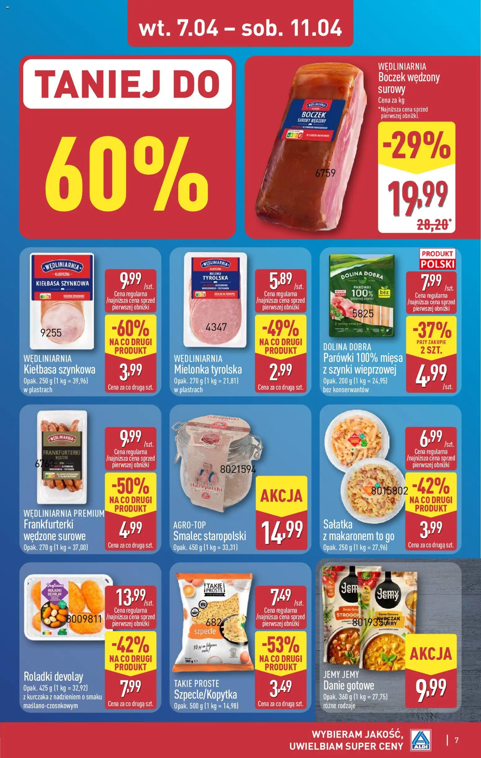 Aldi gazetka od 07.04.2026 | Strona: 7 | Produkty: Kiełbasa, Mielonka tyrolska, Frankfurterki, Sałatka