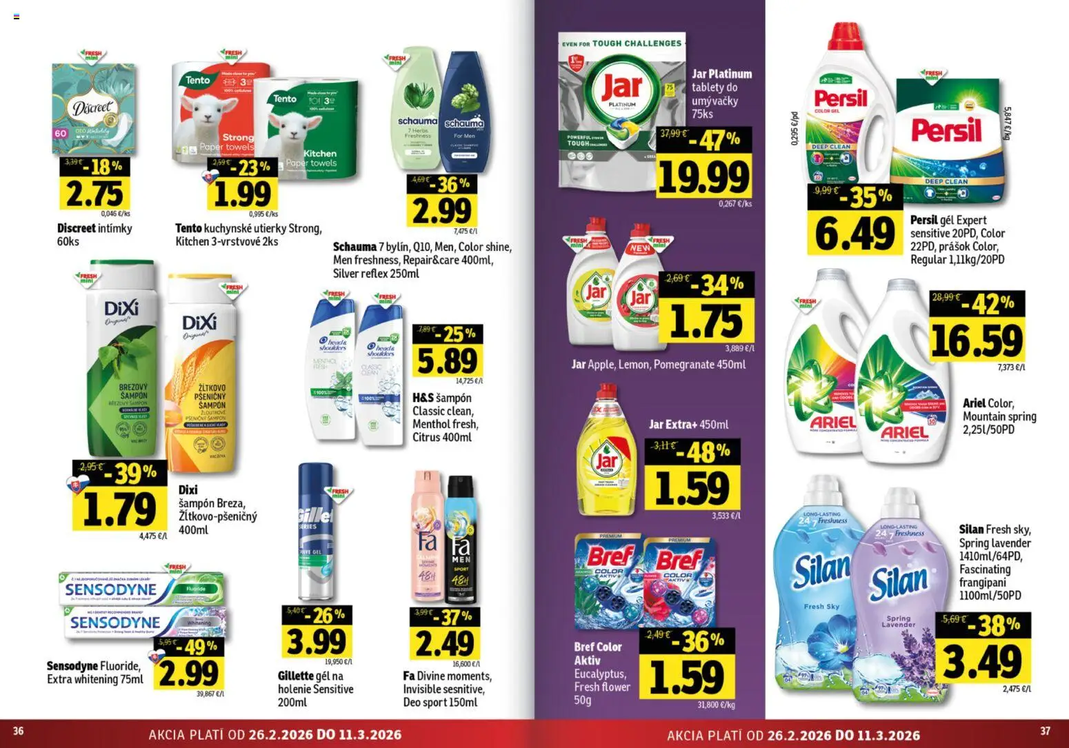 Nové Fresh akcie – leták je platný od 26.02.2026 | Strana: 19 | Produkty: Persil, Silan, Ariel, Jar