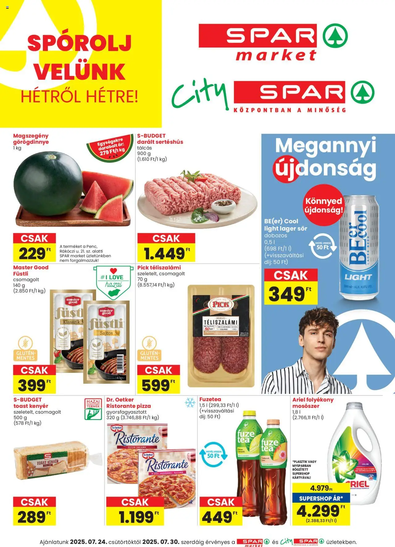 Spar akciós ujság - amely érvényes a következő dátumtól: 24.07.2025 | Oldal: 1 | Termékek: Görögdinnye, Pick téliszalámi, Darált sertéshús, Sertéshús