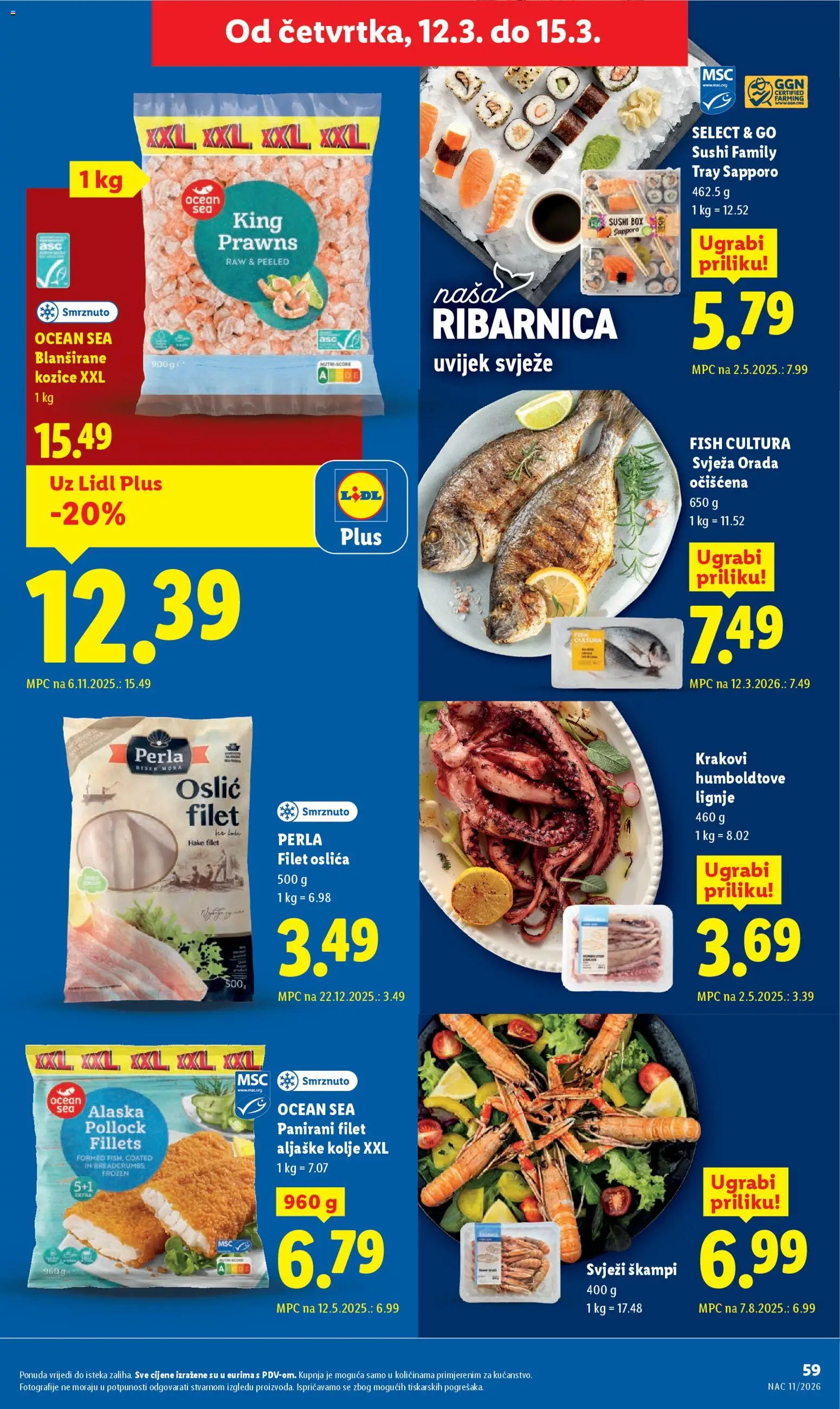 Lidl katalog | vrijedi od 09.03.2026 | Stranica: 59 | Proizvodi: Lignje, Sushi, Oslić, Kozice