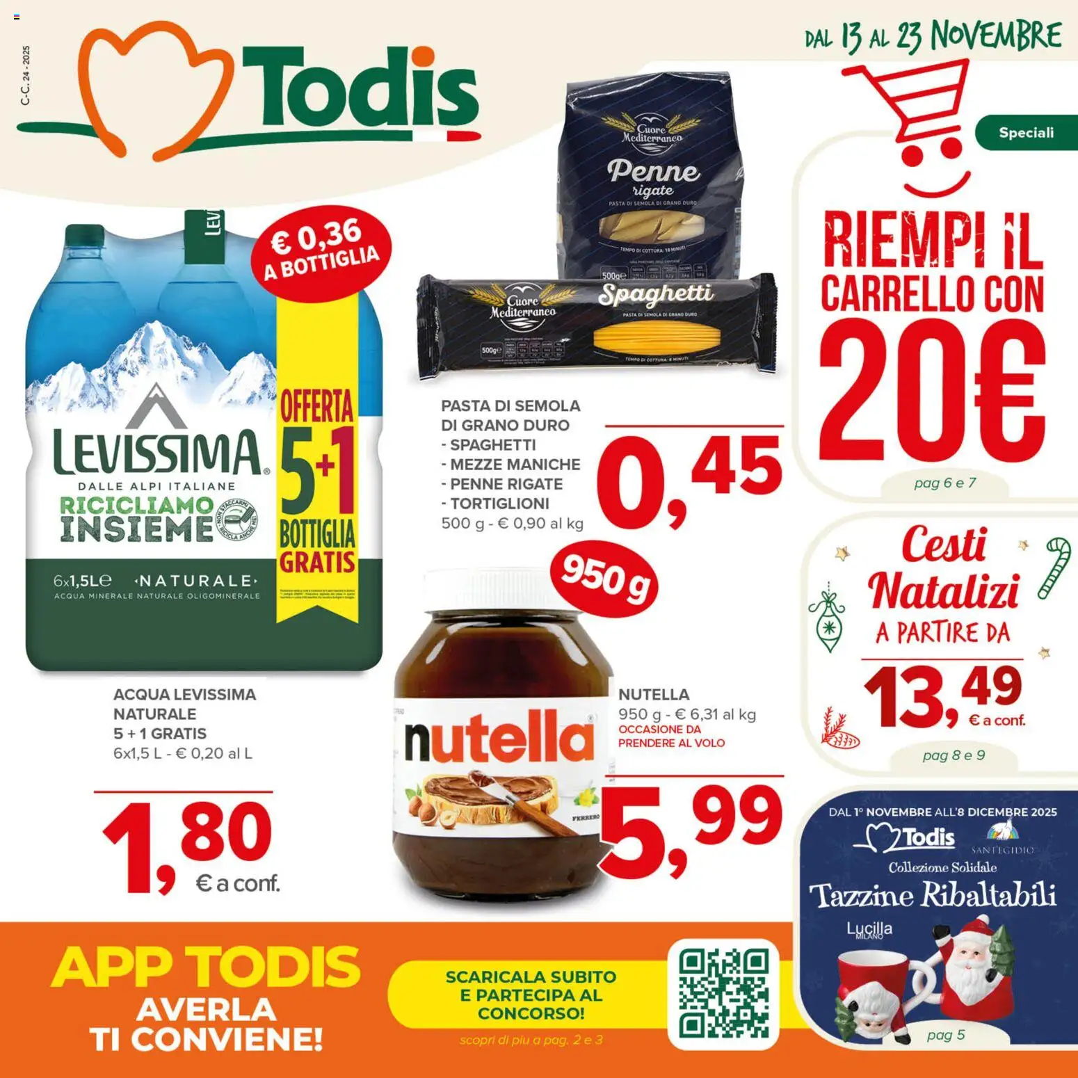 Volantino Todis del 13.11.2025 | Pagina: 1 | Prodotti: Acqua, Pasta, Nutella, Carrello