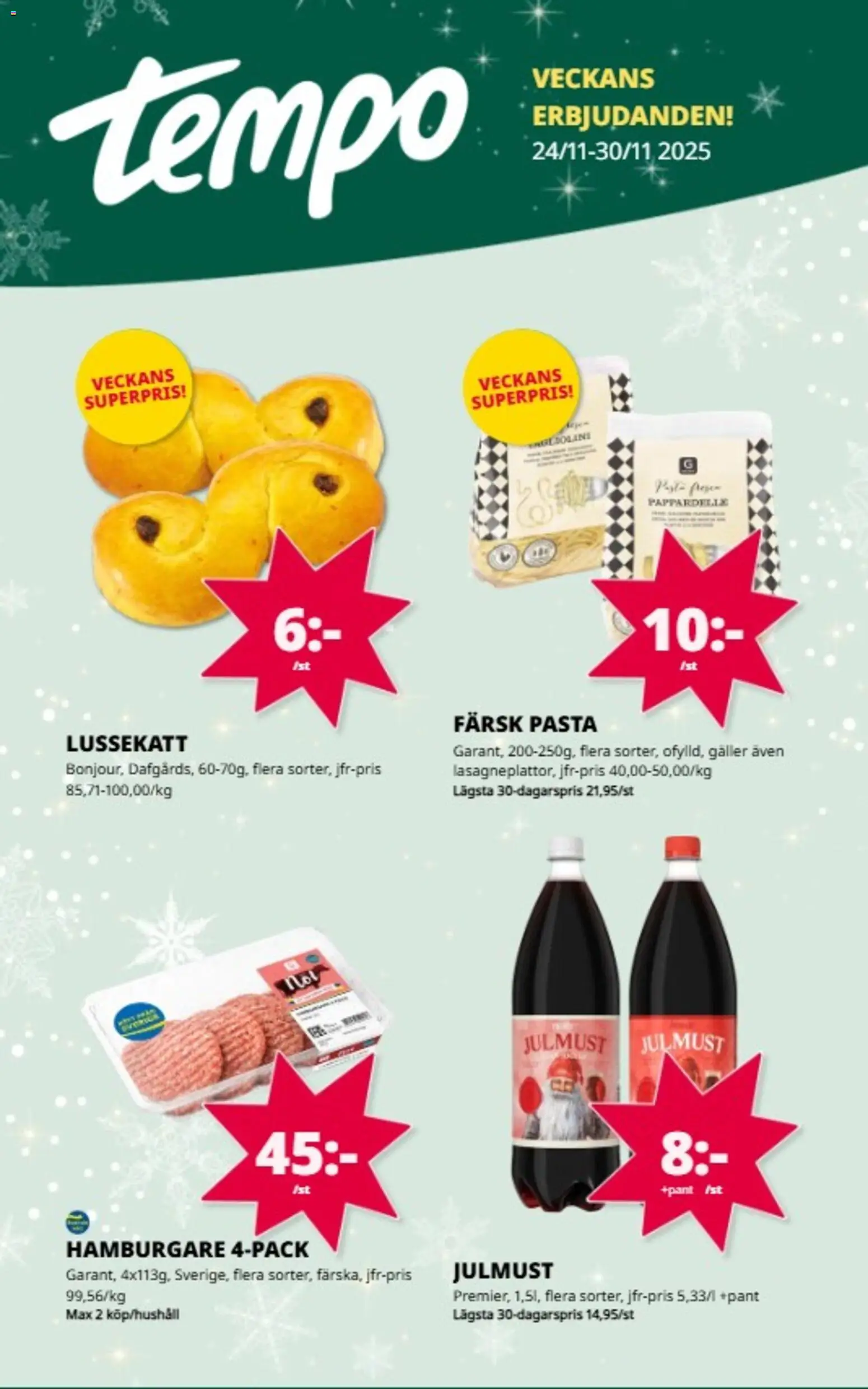 Tempo reklamblad aktuell från 24.11.2025 | Sida: 1 | Produkter: Hamburgare, Galler, Pasta