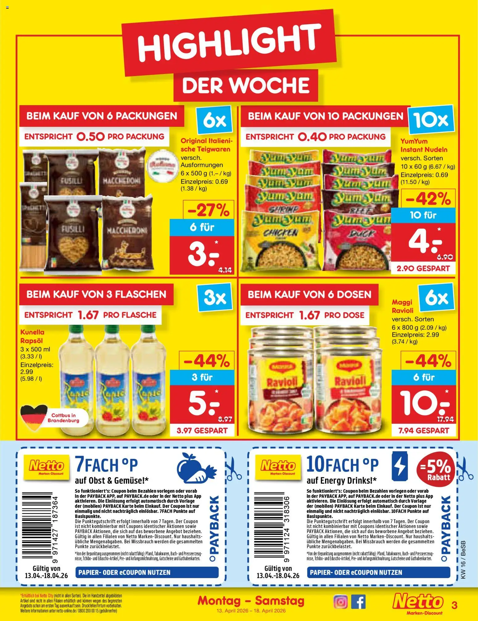 Netto Marken-Discount Prospekt 	 – gültig ab 13.04.2026 | Seite: 3 | Produkte: Rapsöl, Gemüse, Obst, Nudeln