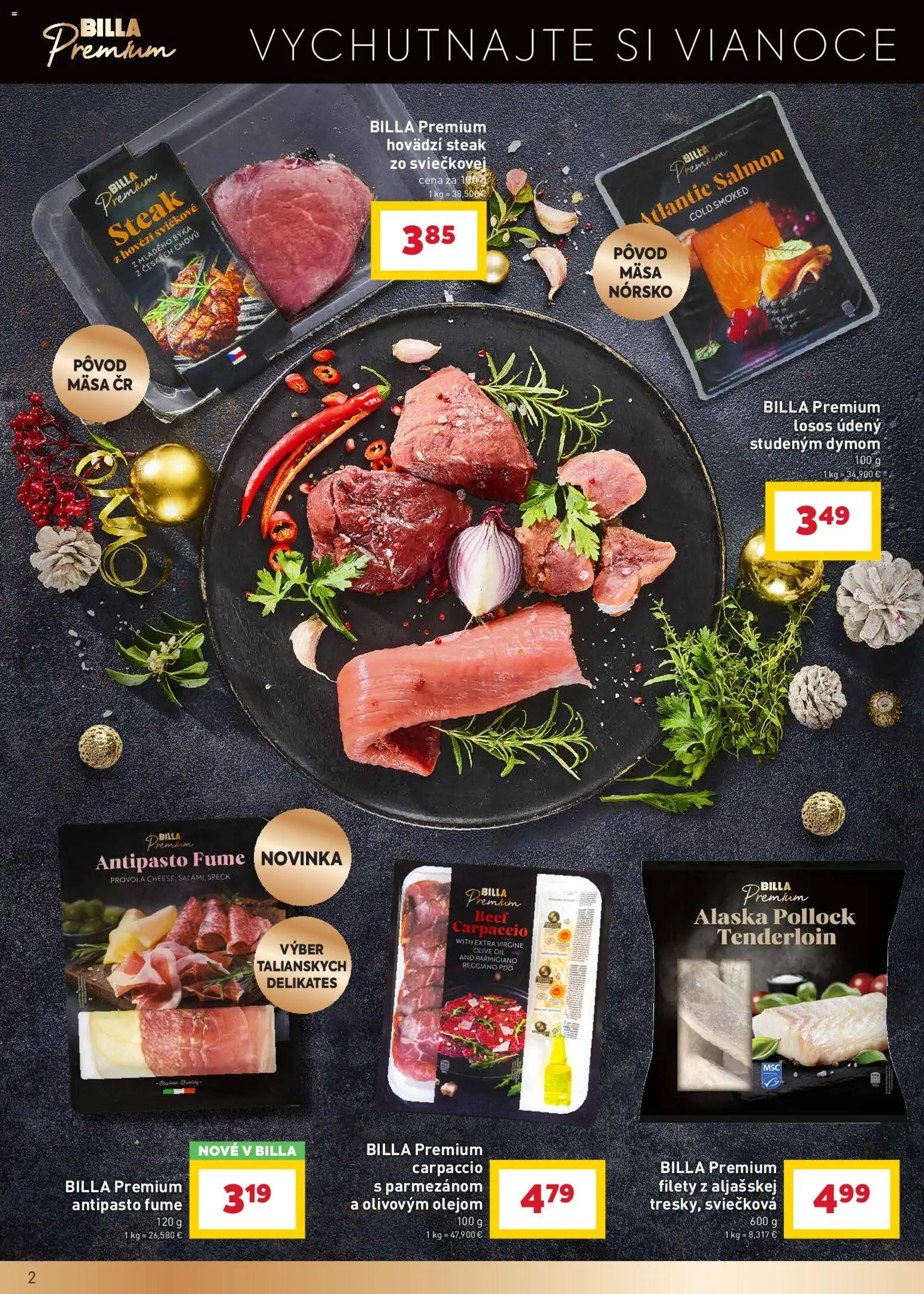 Nové Billa akcie – leták je platný od 10.12.2025 | Strana: 2 | Produkty: Losos, Steak