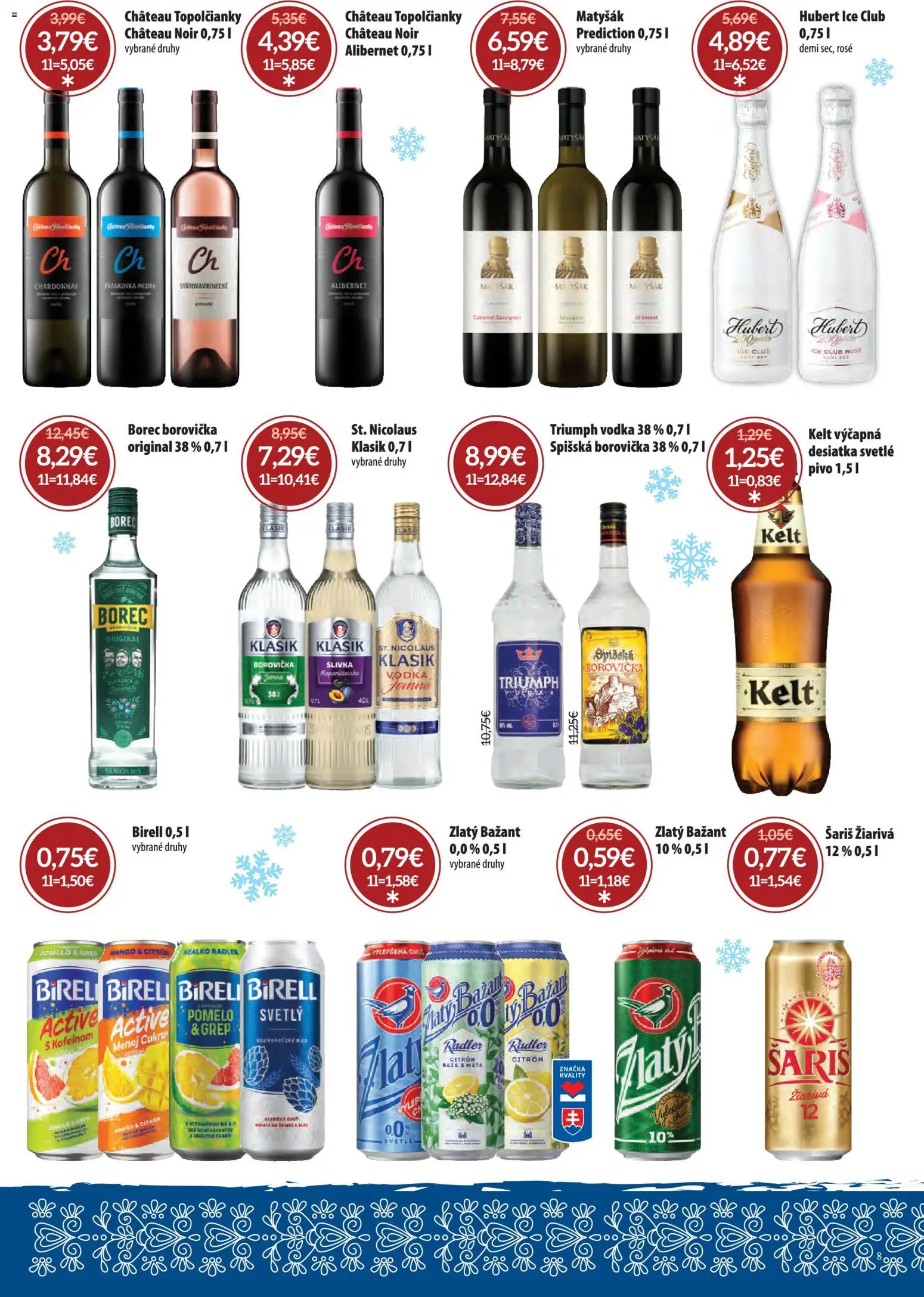 Nové Nitrazdroj akcie – leták je platný od 01.12.2025 | Strana: 8 | Produkty: Pivo, Borovička, Kelt, Mango