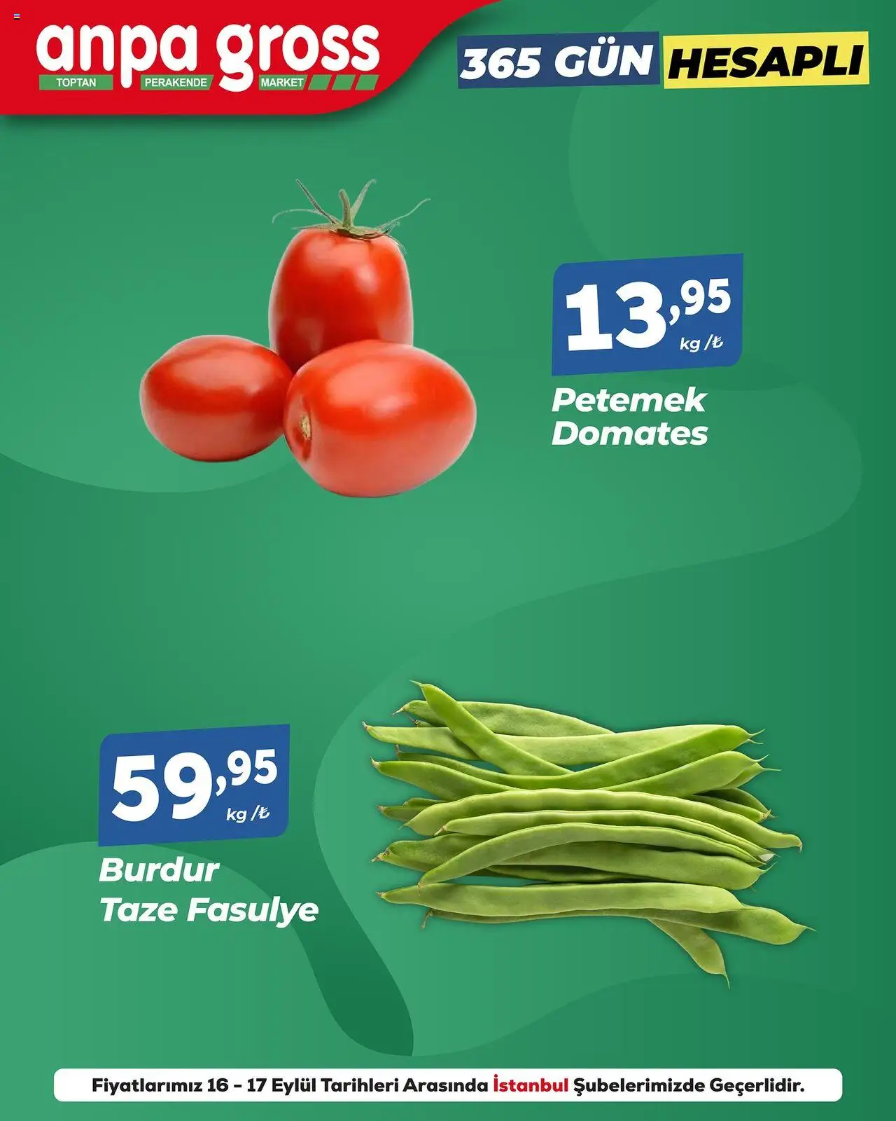Anpa Gross Meyve Sebze - 16.09.2025 tarihinden itibaren geçerlidir | Sayfa: 1 | Ürünler: Fasulye, Taze Fasulye, Domates