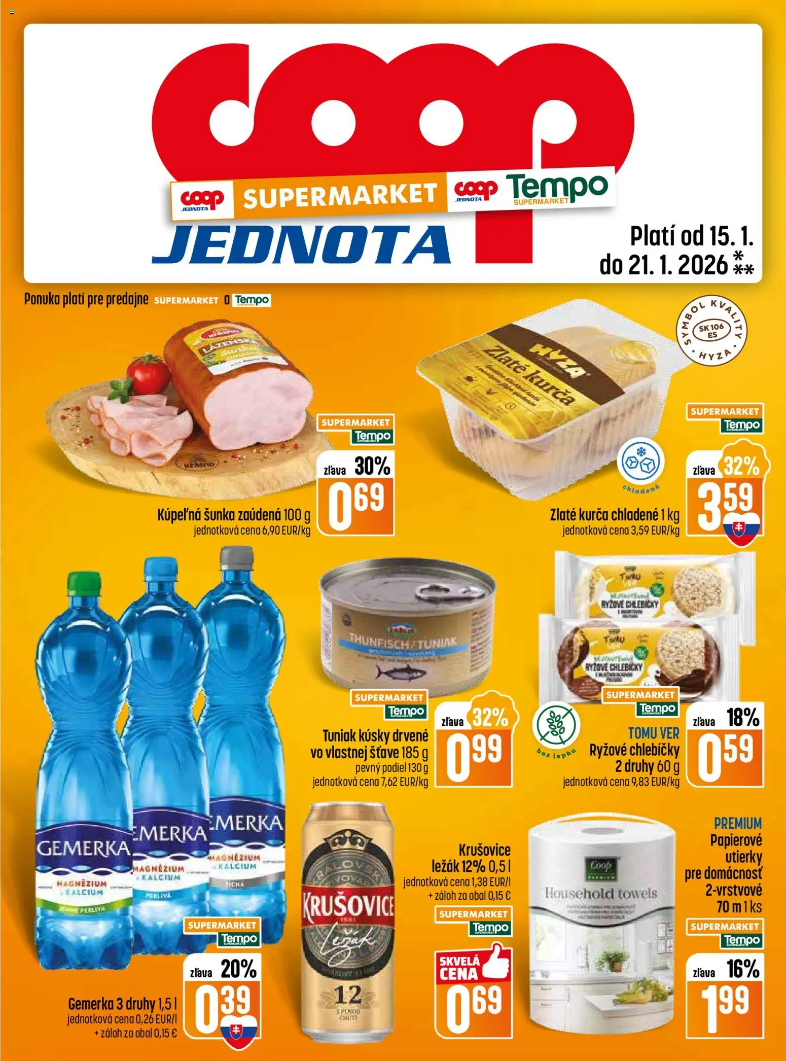 Nové COOP Jednota akcie – leták je platný od 15.01.2026 | Strana: 13 | Produkty: Šunka, Krušovice, Kurča, Gemerka