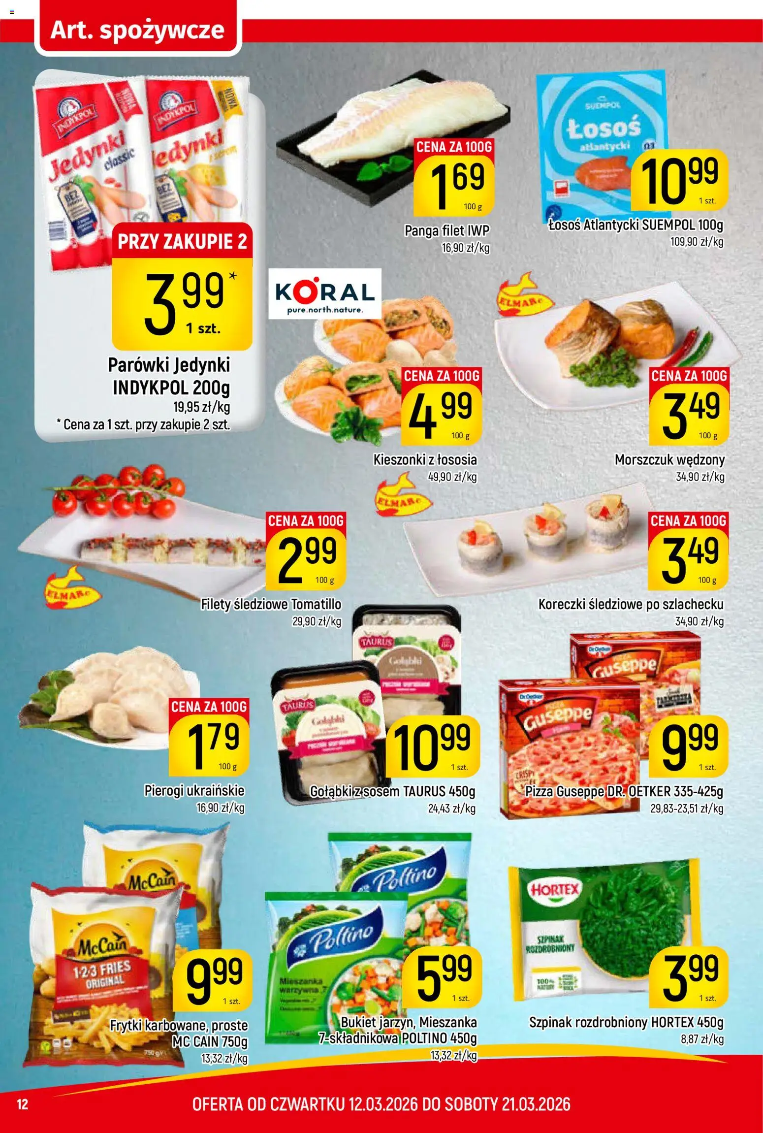 Piotruś Pan gazetka od 12.03.2026 | Strona: 12 | Produkty: Łosoś atlantycki, Morszczuk, Pizza, Frytki