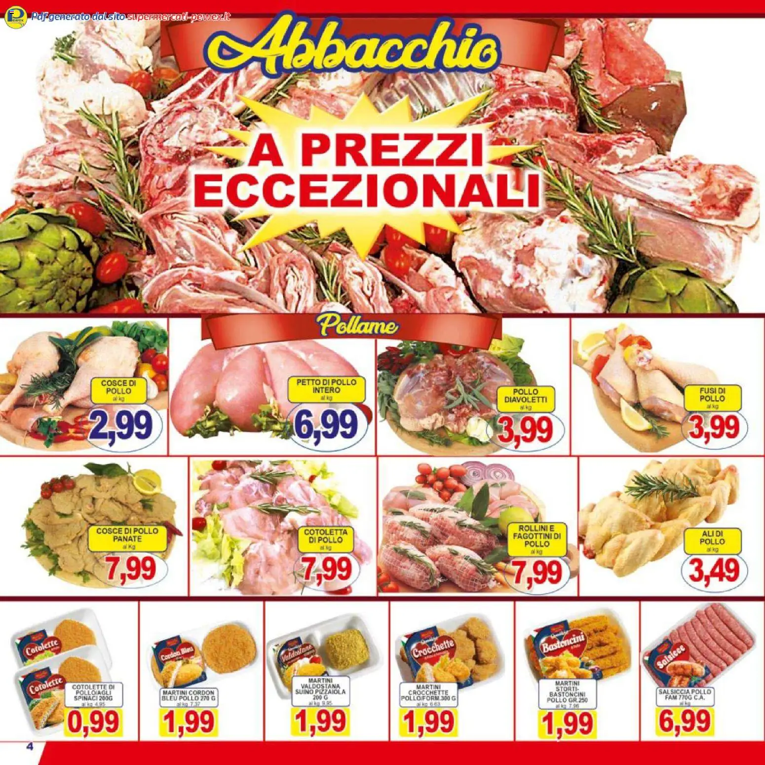 Volantino Pewex del 27.03.2026 | Pagina: 4 | Prodotti: Pollo, Salsiccia, Spinaci, Crocchette