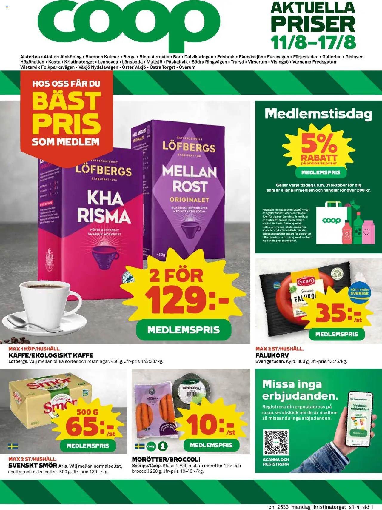 Coop reklamblad aktuell från 11.08.2025 | Sida: 1 | Produkter: Galler, Falukorv, Smör, Spel