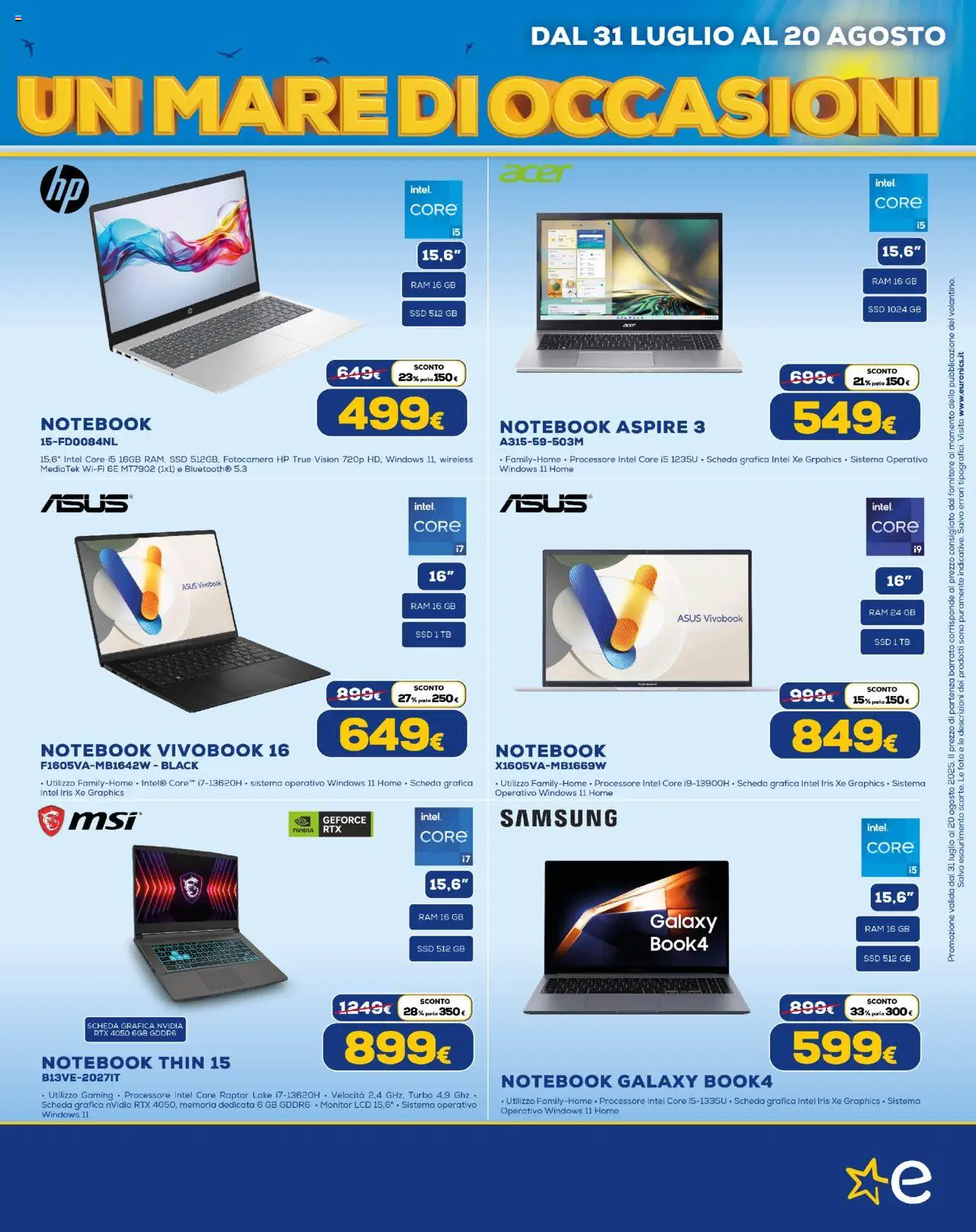 Volantino Euronics del 31.07.2025 | Pagina: 9 | Prodotti: Monitor, Notebook, Fotocamera, Samsung