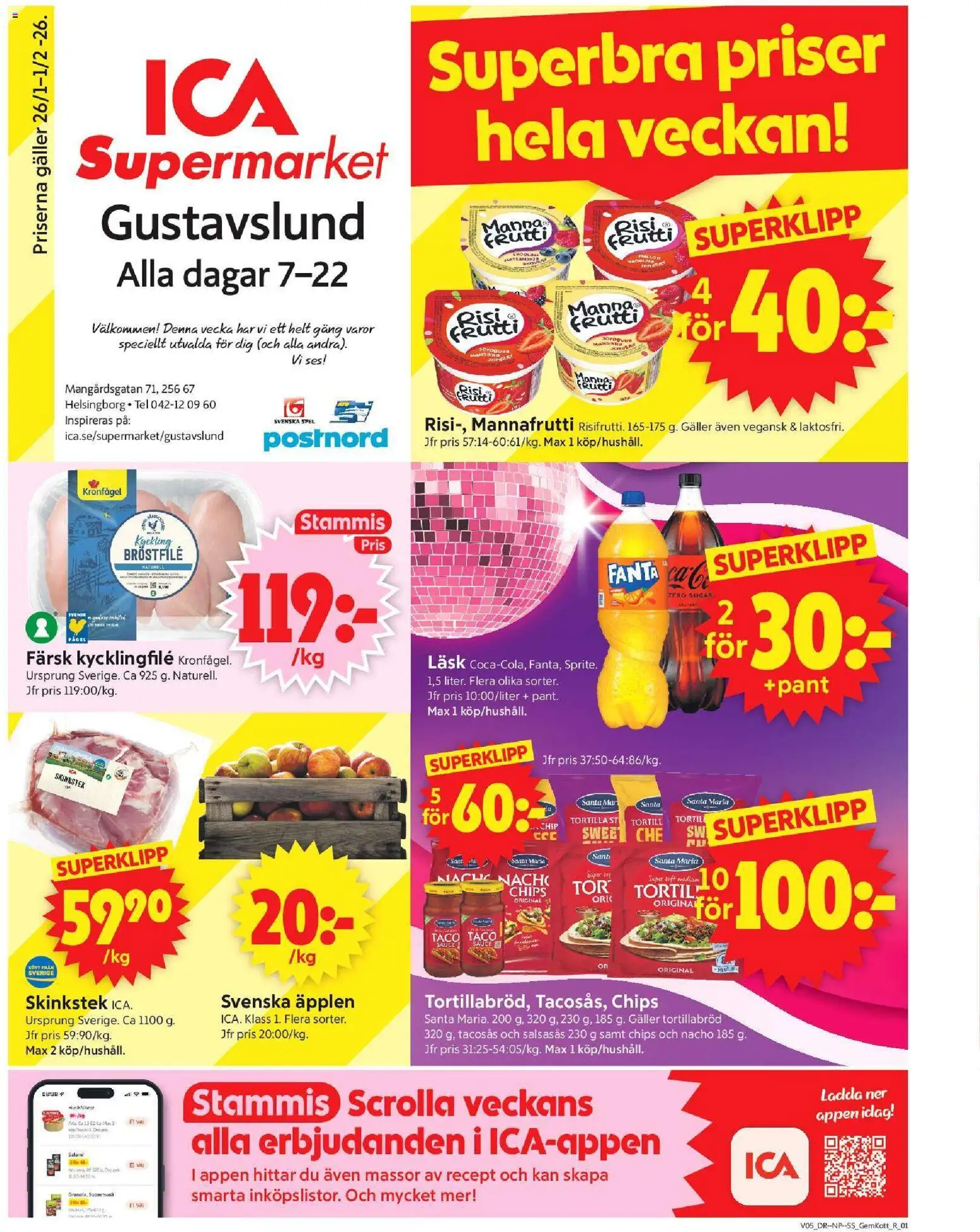 ICA Supermarket reklamblad aktuell från 26.01.2026 | Sida: 1 | Produkter: Tacosås, Chips, Fanta, Salami