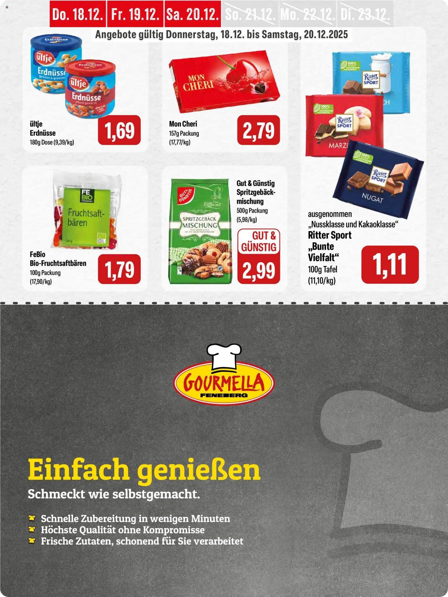 Feneberg Angebote – gültig ab 18.12.2025 | Seite: 14 | Produkte: Erdnüsse, Ritter sport, Fruchtsaft, Mon cheri