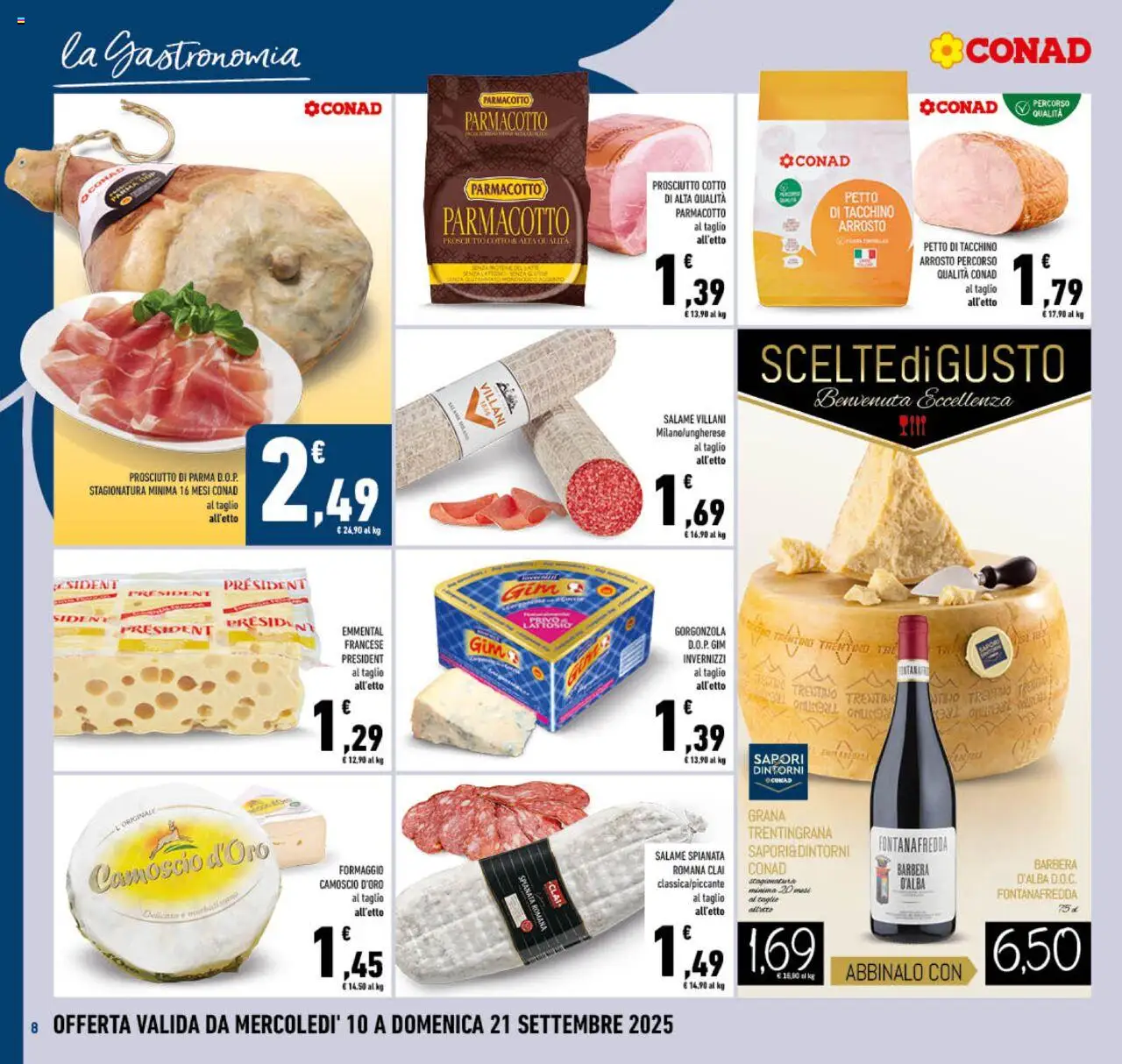 Volantino Conad del 10.09.2025 | Pagina: 8 | Prodotti: Arrosto, Salame, Tacchino, Emmental