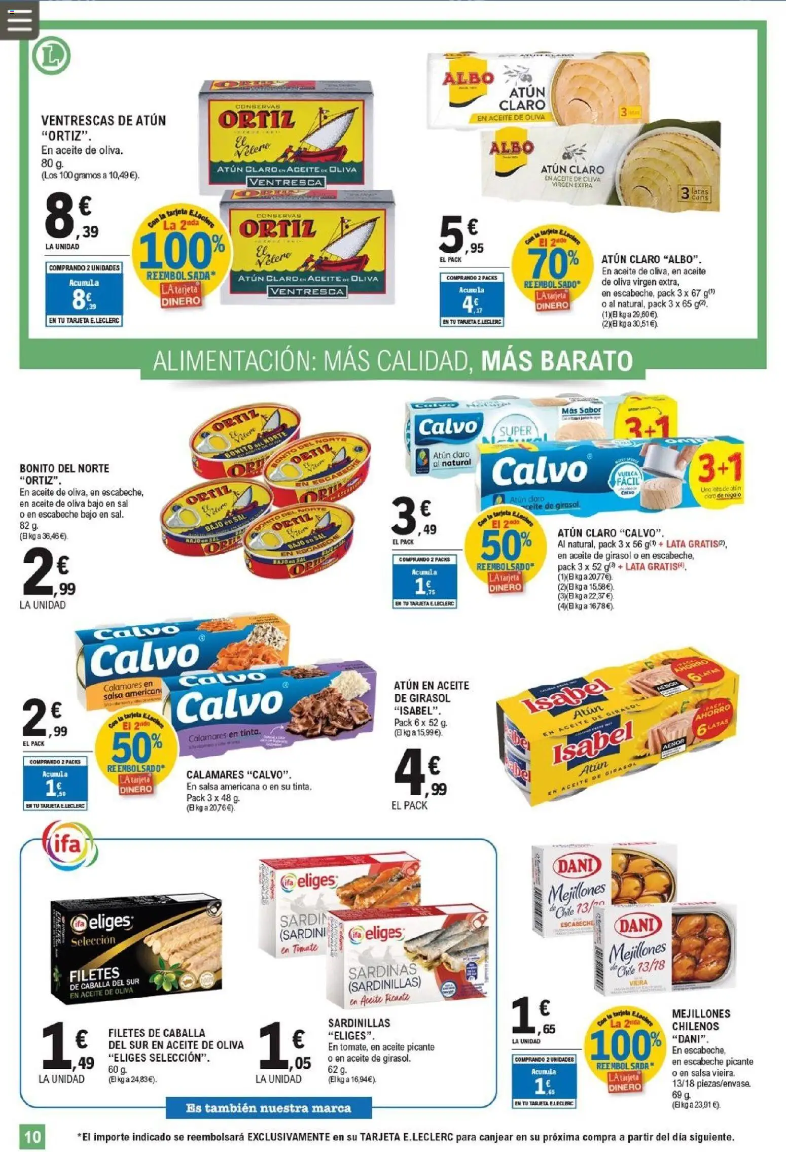E.Leclerc folleto │ válido desde el 25.03.2026 | Página: 10 | Productos: Calamares, Sardinillas, Aceite de girasol, Atún claro