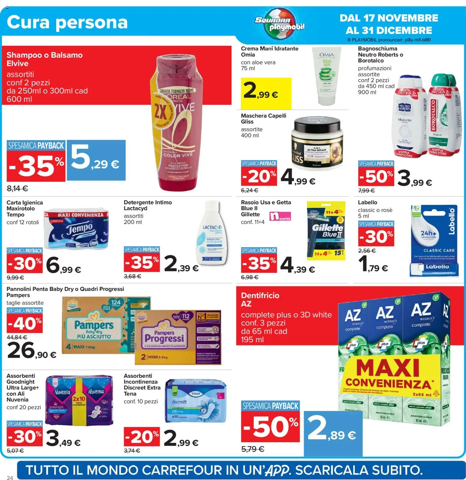 Volantino Carrefour del 17.11.2025 | Pagina: 24 | Prodotti: Pannolini, Bagnoschiuma, Pampers, Menta