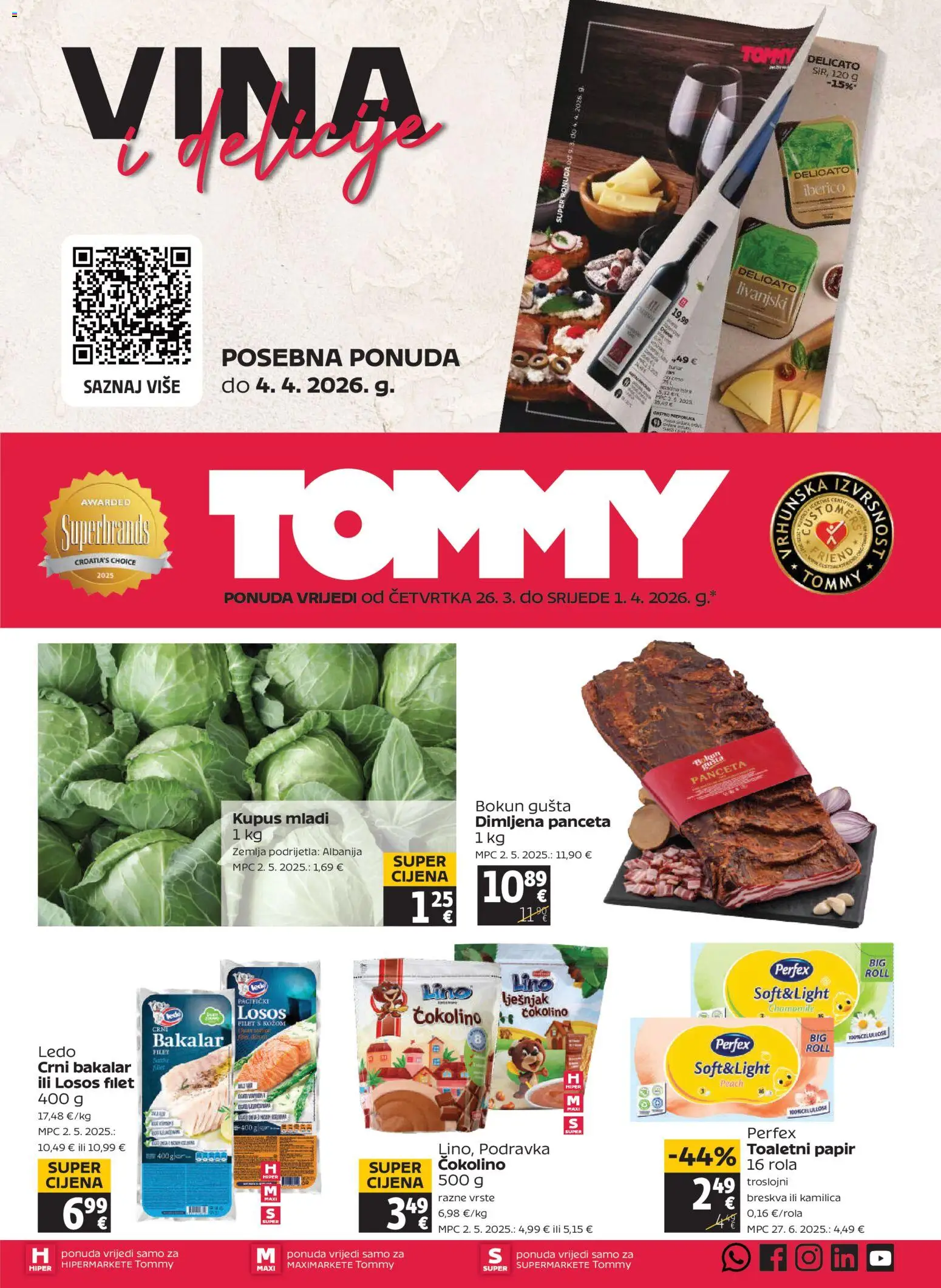 Tommy katalog | vrijedi od 26.03.2026 | Stranica: 1 | Proizvodi: Toaletni papir, Losos, Bakalar, Panceta