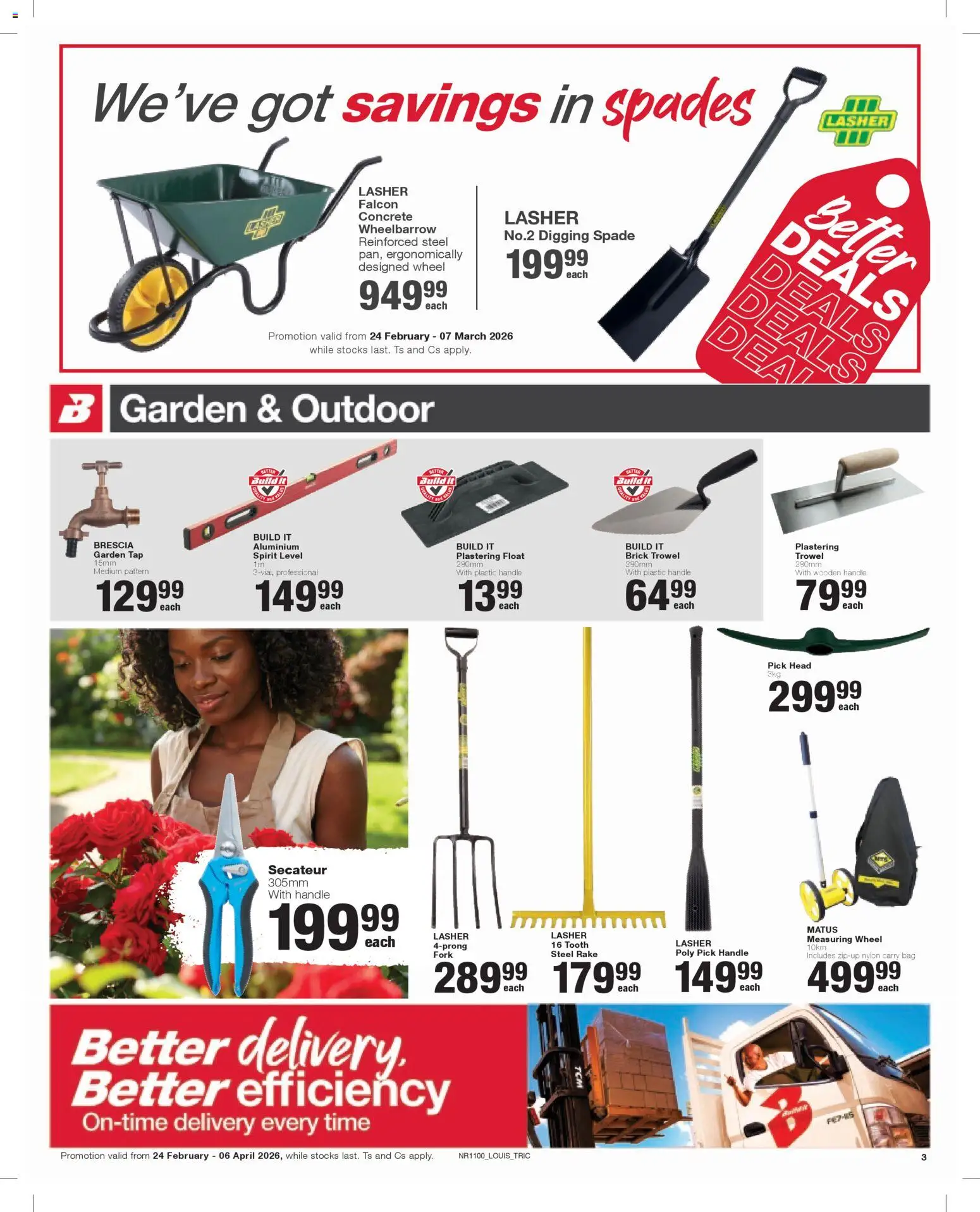 New Build It catalogue – valid from 24.02.2026 | Page: 3 | Products: Bag, Wheelbarrow, Spade, Tap