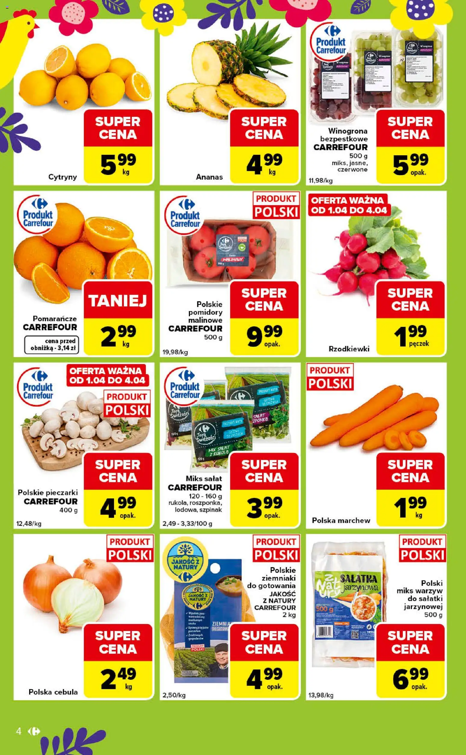 Carrefour gazetka - Express od 31.03.2026 | Strona: 4 | Produkty: Pieczarki, Winogrona bezpestkowe, Szpinak, Sałatka