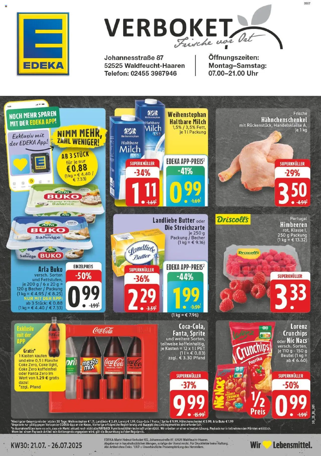Edeka prospekt Waldfeucht-Haaren	 - gültig ab dem 20.07.2025 | Seite: 1 | Produkte: Himbeeren, Hahnchenschenkel, Milch, Telefon