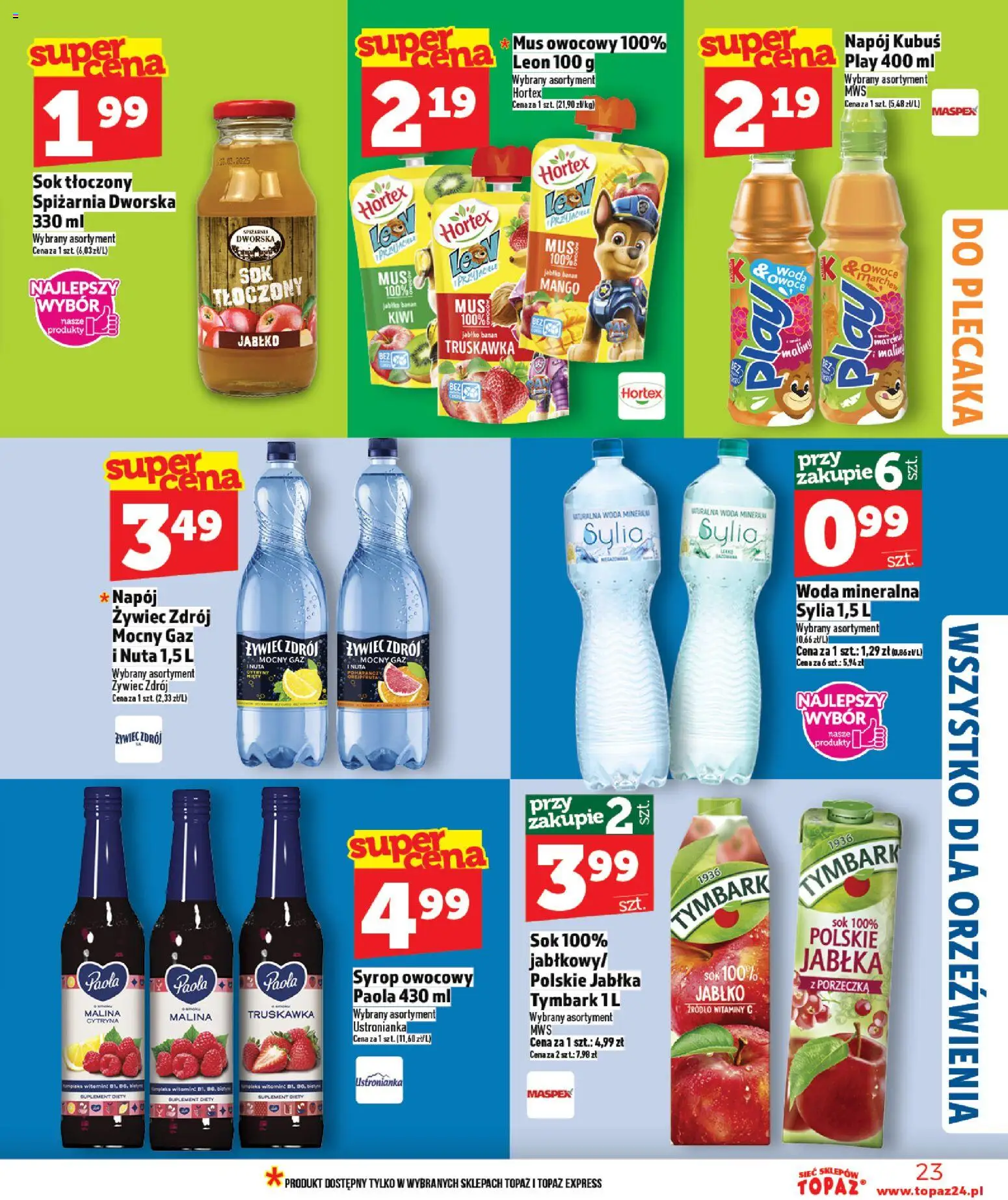 Topaz Gazetka - Ceny małe na stałe od 22.01.2026 | Strona: 23 | Produkty: Sok, Jabłka, Kiwi, Woda