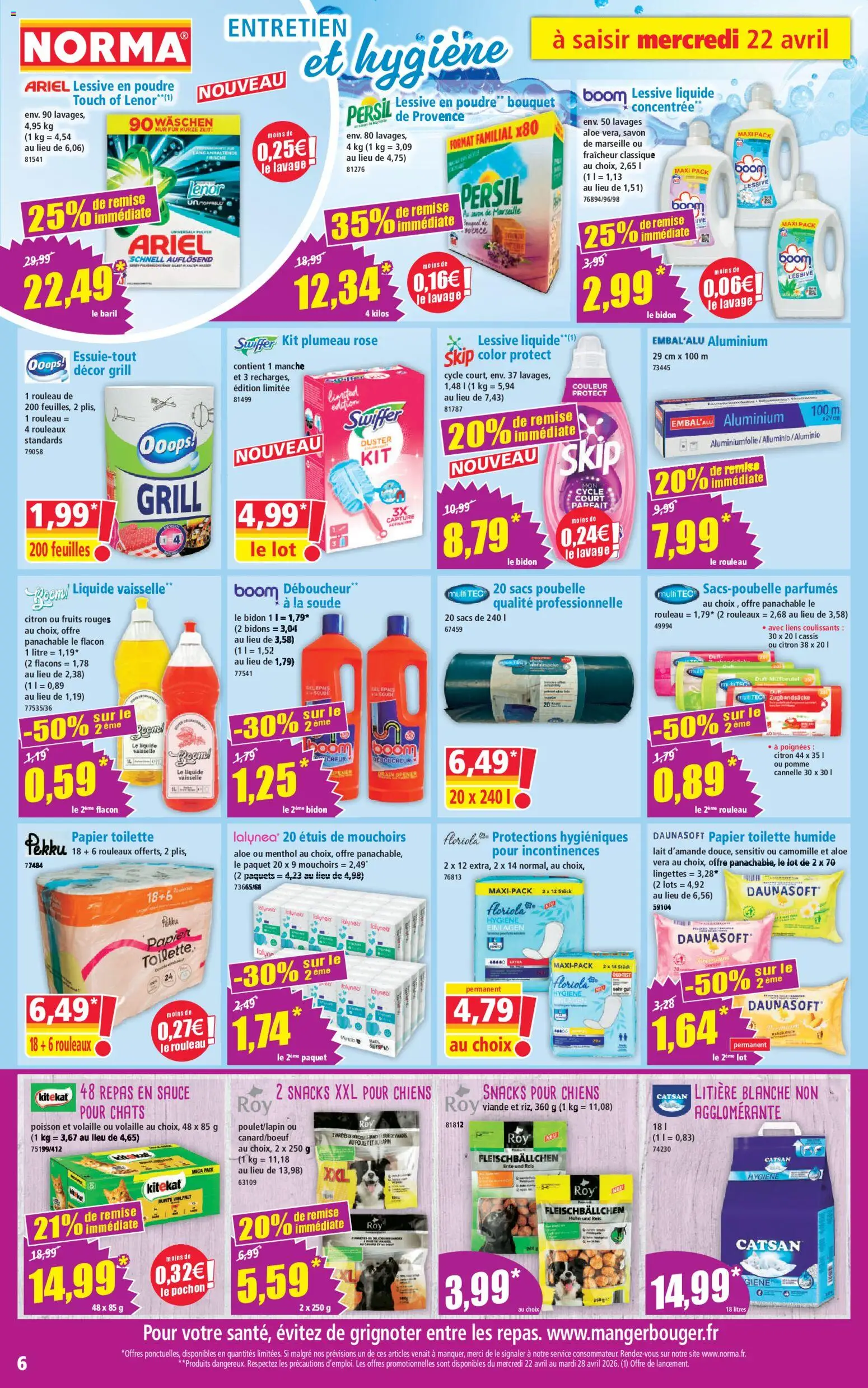 {H1} | Page: 6 | Produits: Papier toilette, Volaille, Litière, Sacs poubelle