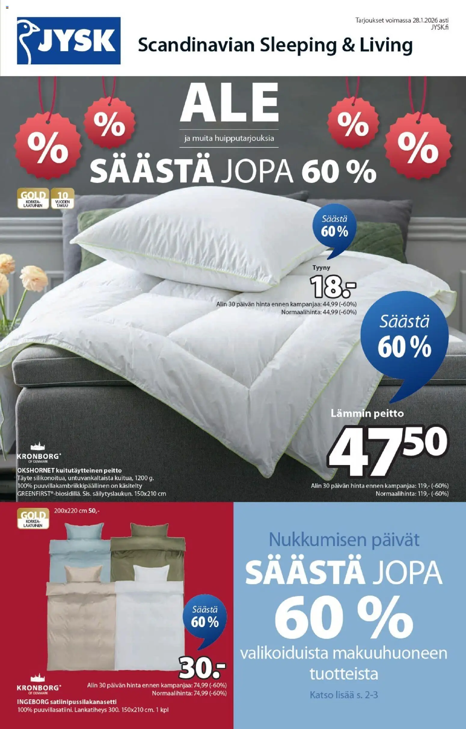 JYSK - Tarjoukset – voimassa 15.01.2026 alkaen | Sivu: 1 | Tuotteet: Tyyny, Peitto