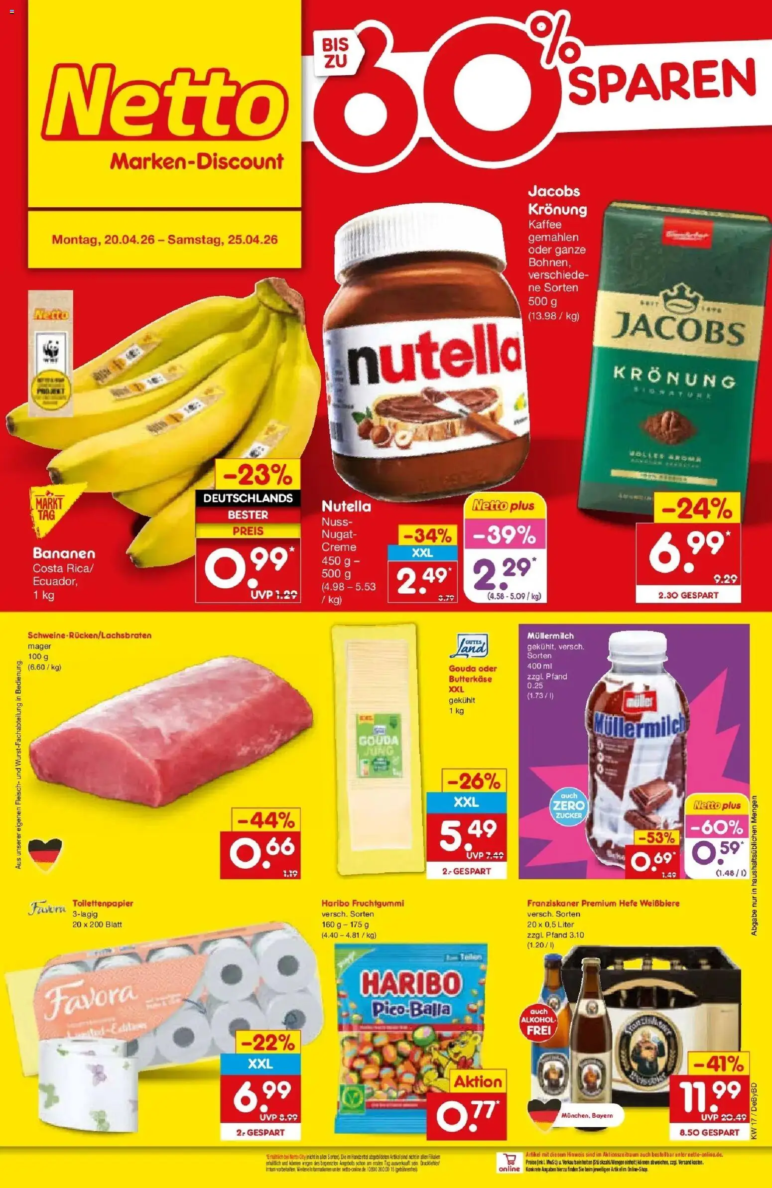 Netto Marken-Discount Prospekt Buttenwiesen	 – gültig ab 20.04.2026 | Seite: 28 | Produkte: Franziskaner, Nutella, Zucker, Fleisch
