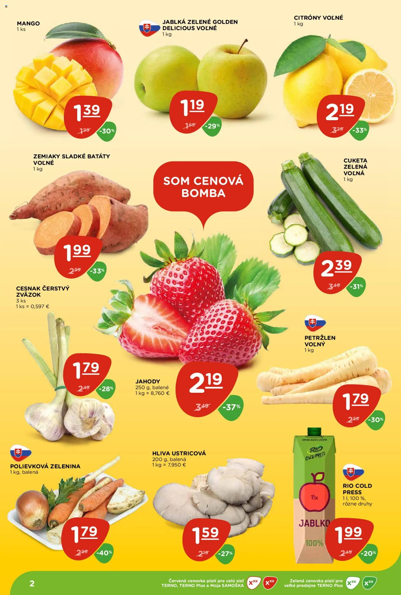 Nové Terno akcie – leták je platný od 09.04.2026 | Strana: 2 | Produkty: Cesnak, Mango, Cuketa, Petržlen