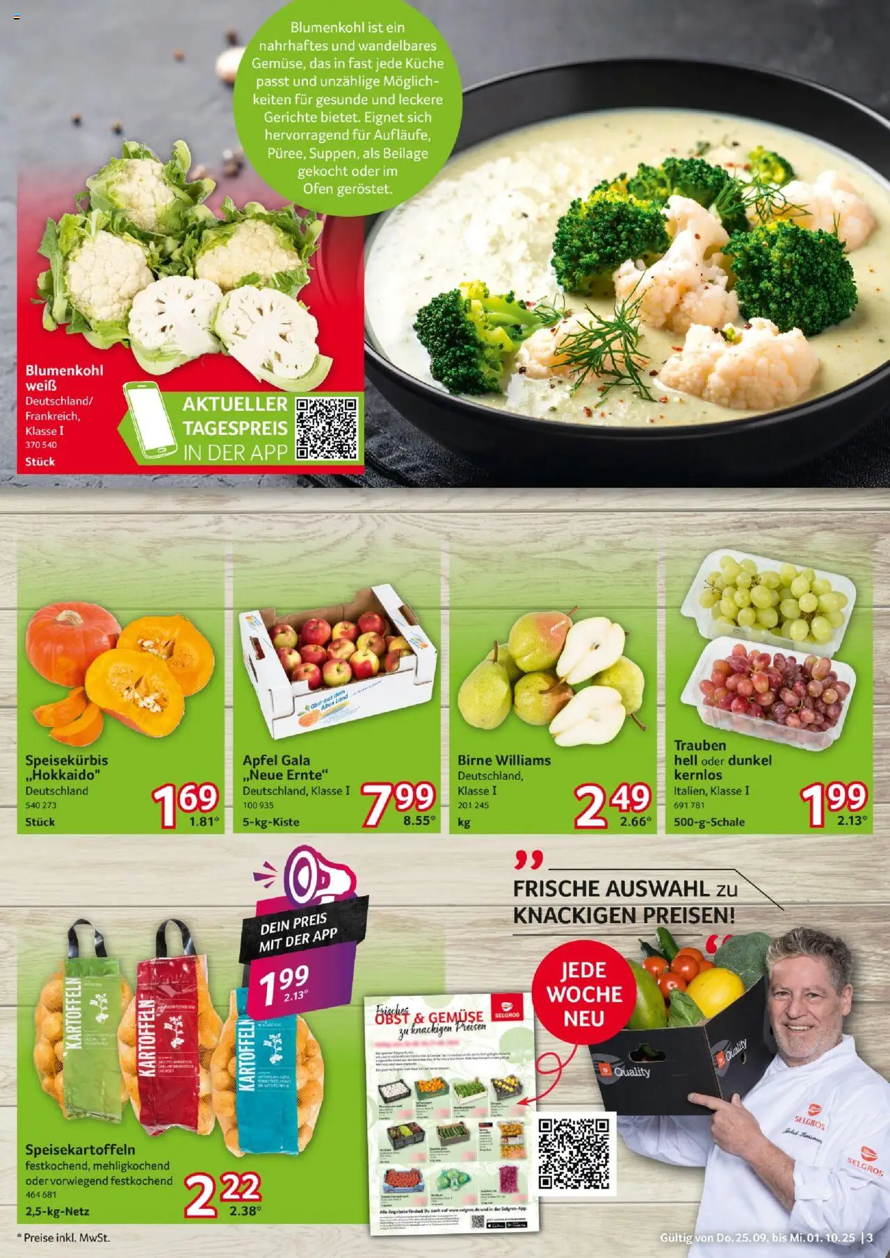 Selgros Prospekt 	 – gültig ab 25.09.2025 | Seite: 3 | Produkte: Äpfel, Kartoffeln, Obst, Blumenkohl