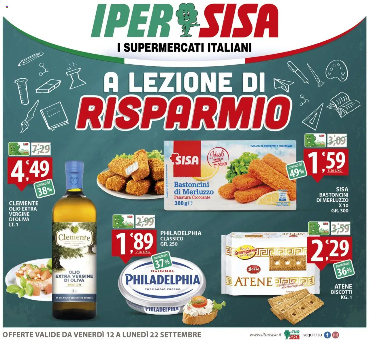 Volantino SISA del 12.09.2025 | Pagina: 1 | Prodotti: Merluzzo, Biscotti, Formaggio, Forno