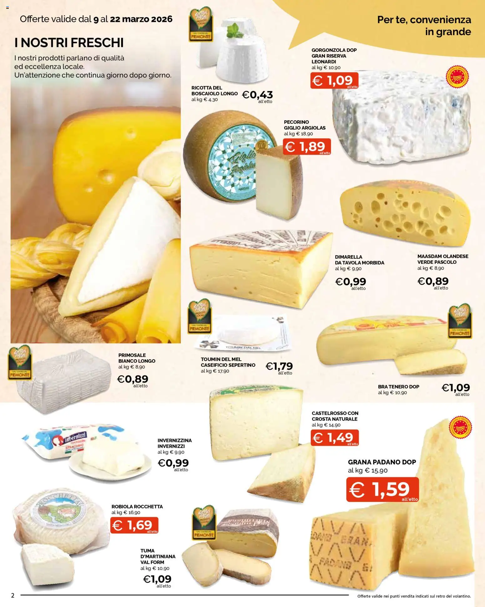 Volantino Mercatò del 09.03.2026 | Pagina: 2 | Prodotti: Stracchino, Ricotta, Gorgonzola, Pecorino