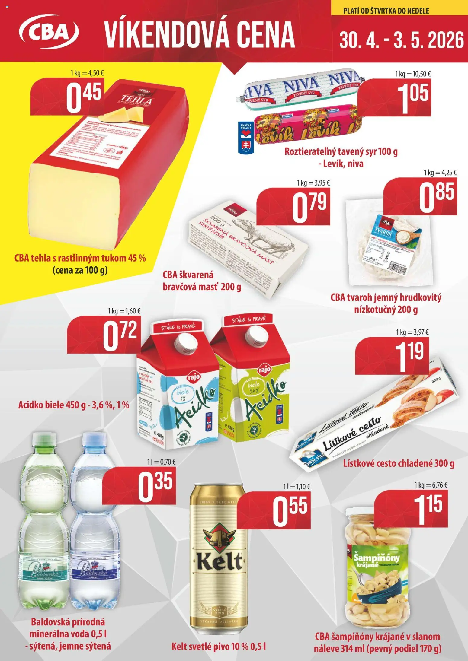 Nové CBA Komfos akcie – leták je platný od 30.04.2026 | Strana: 1 | Produkty: Pivo, Lístkové cesto, Voda, Baldovská