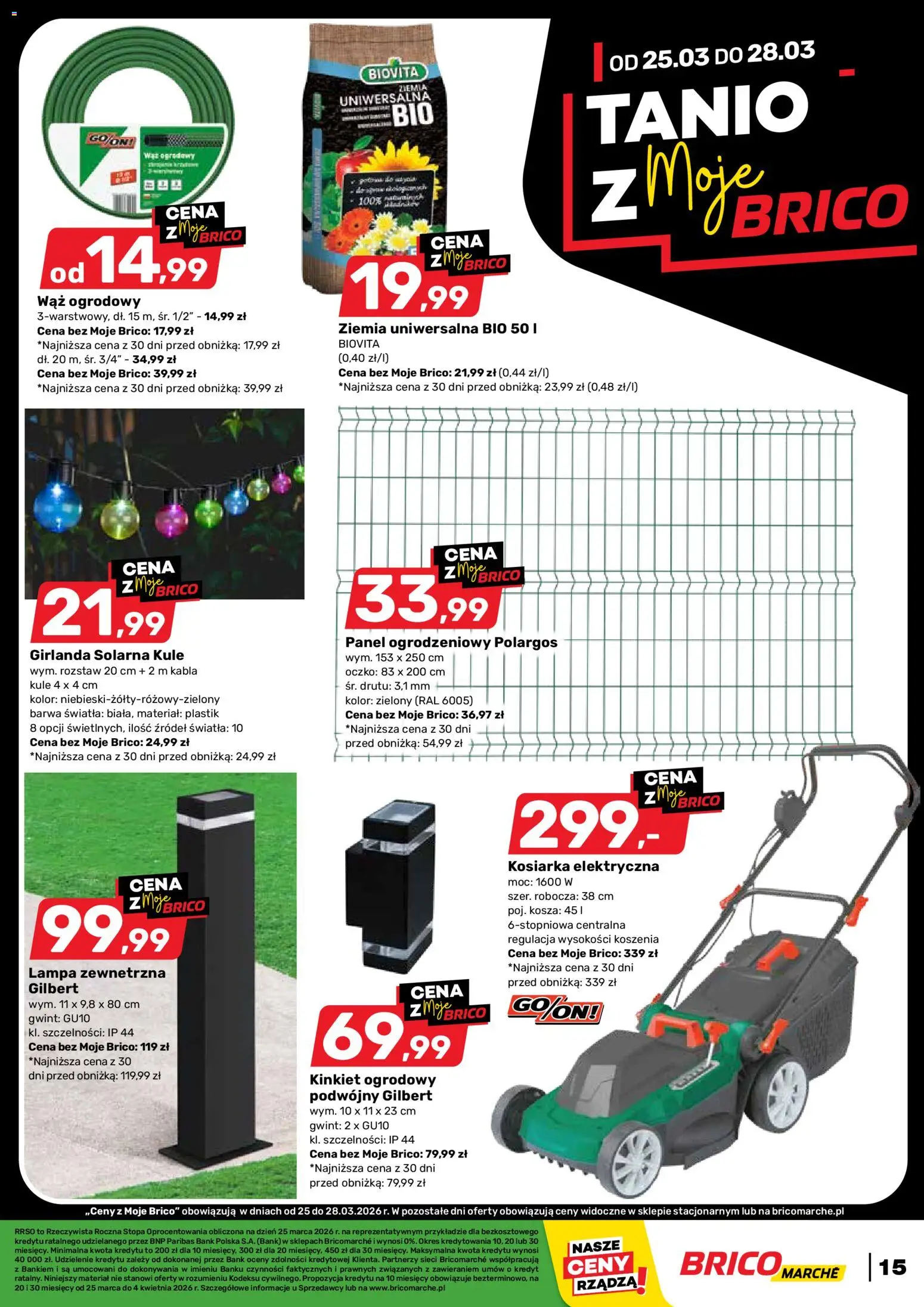 Brico Marché gazetka od 25.03.2026 | Strona: 15 | Produkty: Wąż ogrodowy, Kosiarka, Ziemia, Lampa