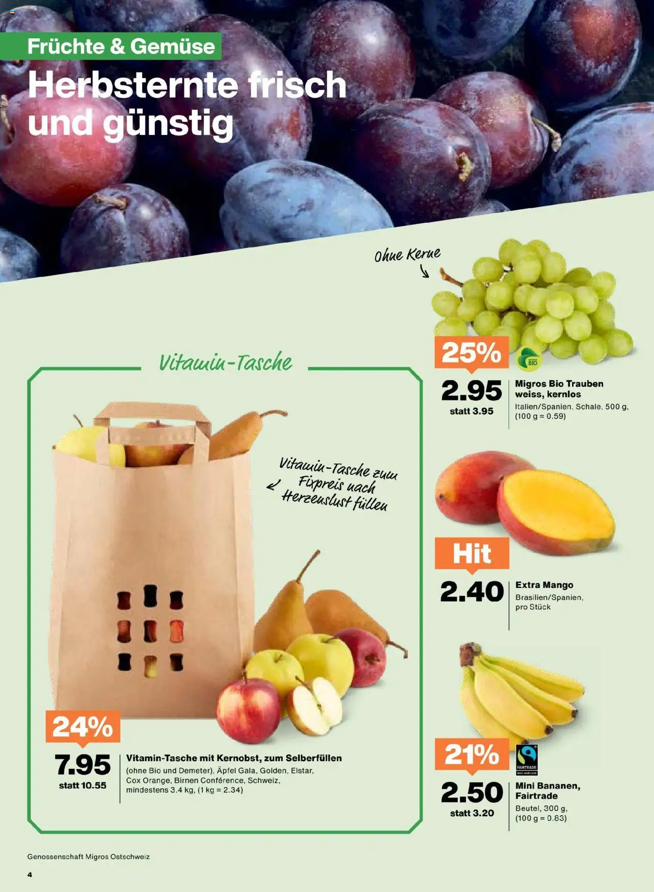 Migros Aktionen – gültig ab 16.09.2025 | Seite: 4 | Produkte: Äpfel, Gemüse, Mango, Früchte
