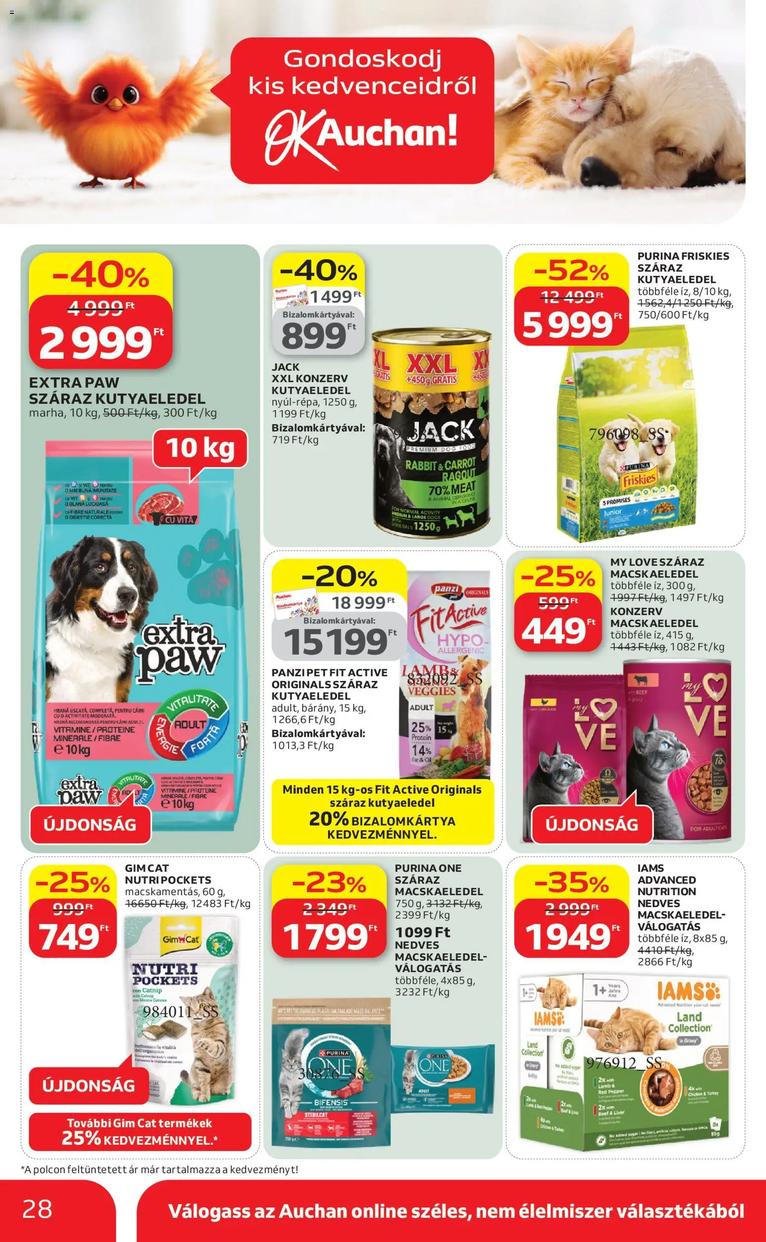 Auchan akciós ujság - amely érvényes a következő dátumtól: 09.04.2026 | Oldal: 28 | Termékek: Macskaeledel, Kutyaeledel, Purina one, Protein